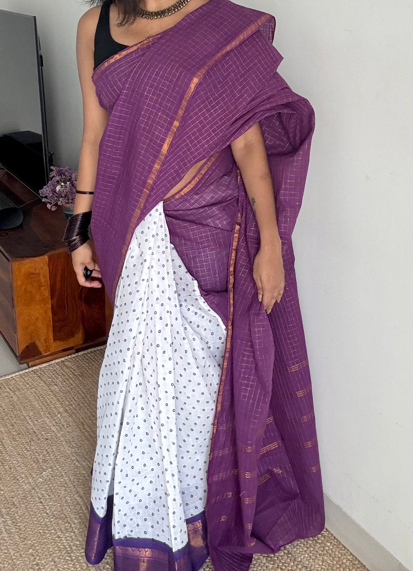 Purple with white, sungudi cotton half-half saree - YCCOTNMSFE372