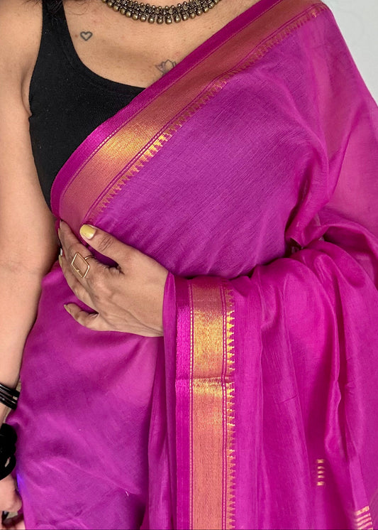 Purple pink soft cotton with maheswari gold zari border - YCBCMCFE214