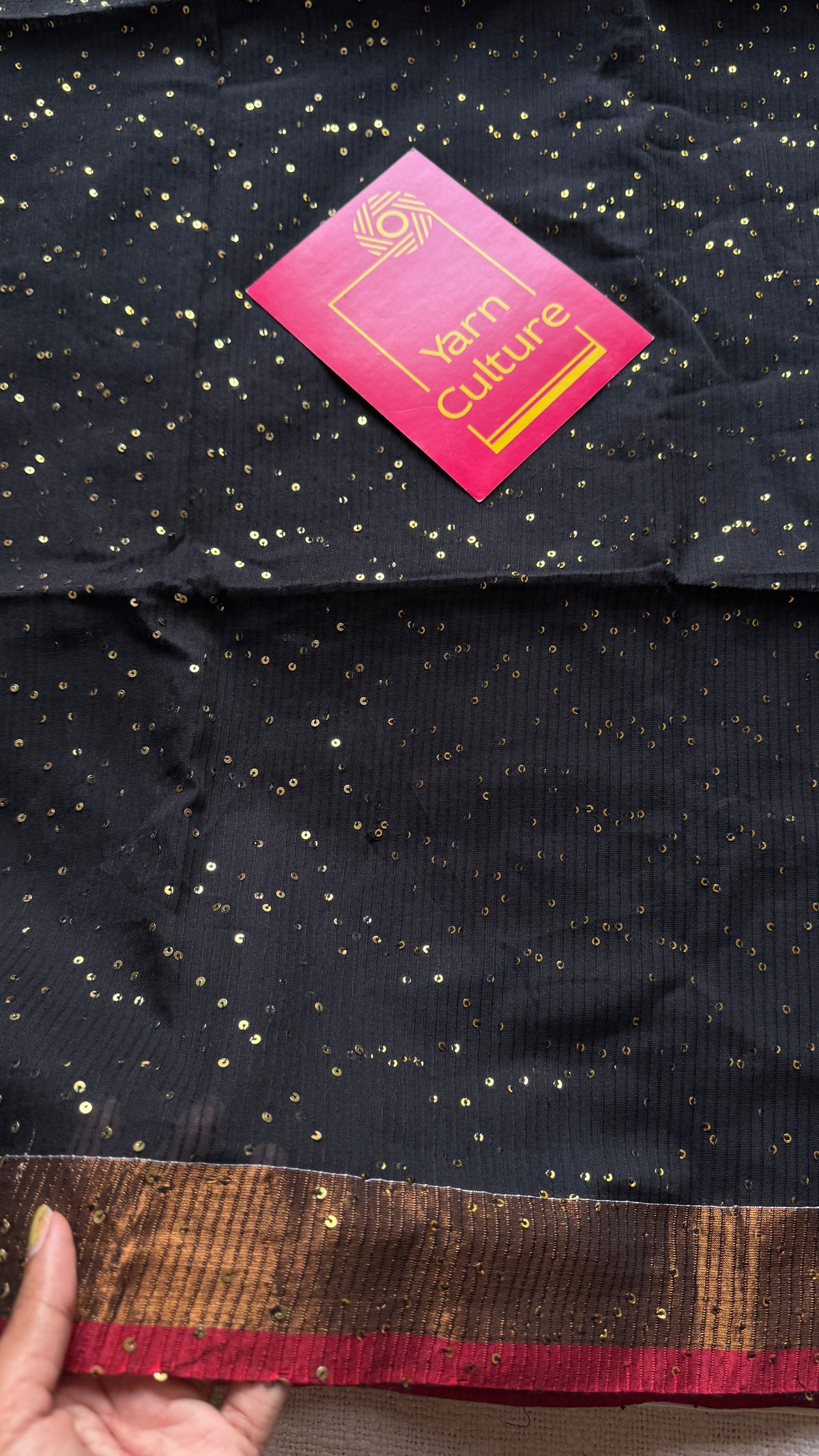 Black mul cotton saree with sequins and zari border - YCBCMCSE29