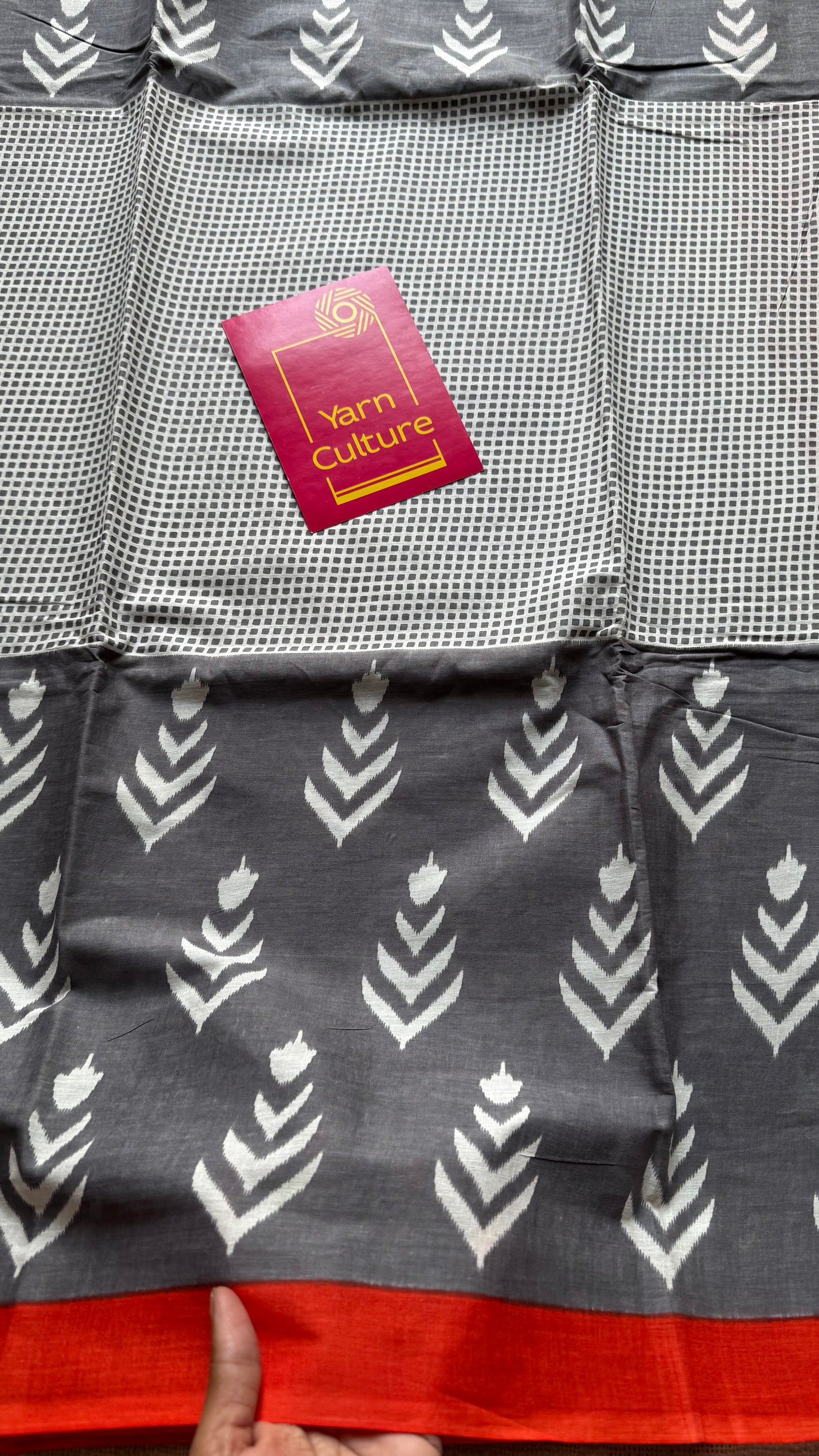 Grey with red border, white motifs, soft cotton saree - YCTORCMA07