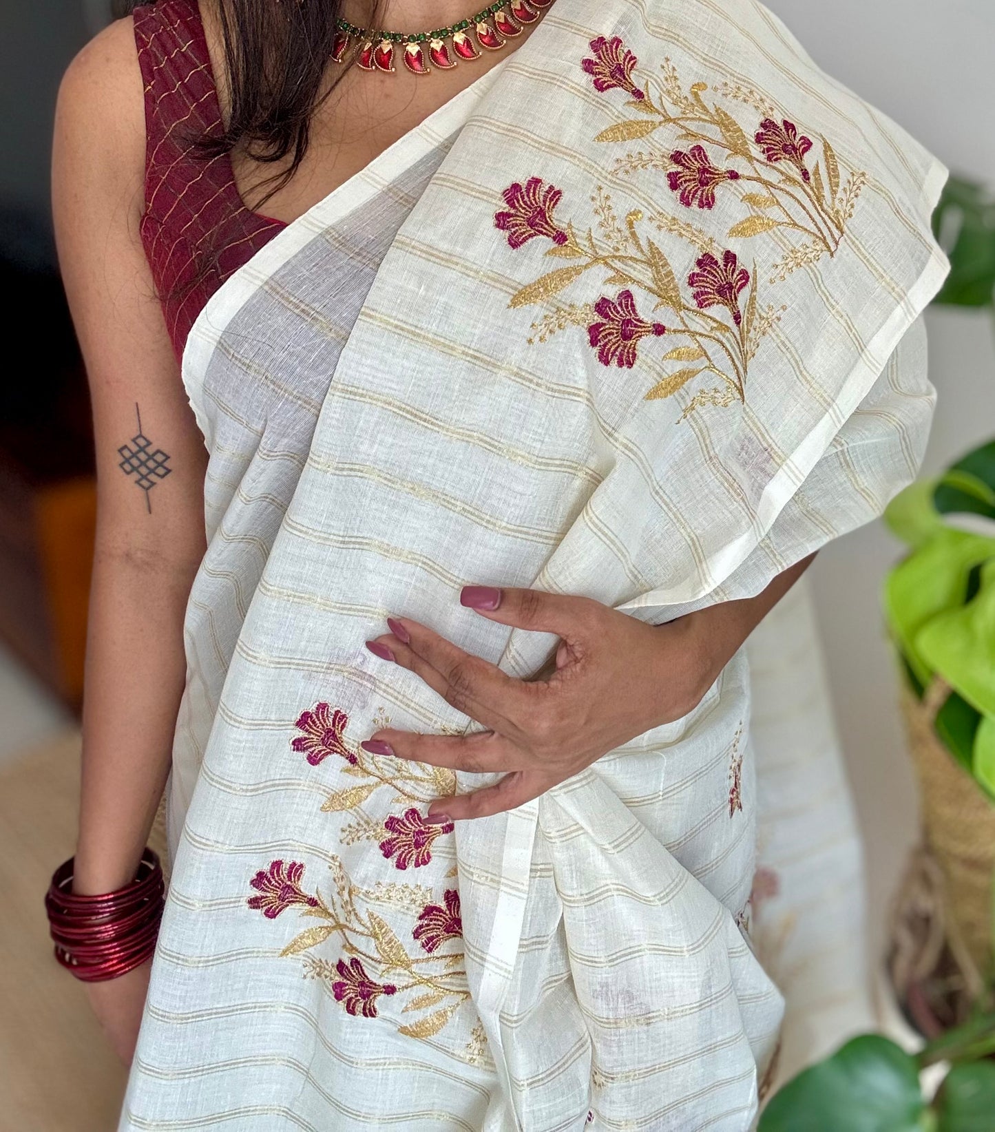 Ivory and gold soft cotton saree, maroon floral embroidery  - YCIEON50