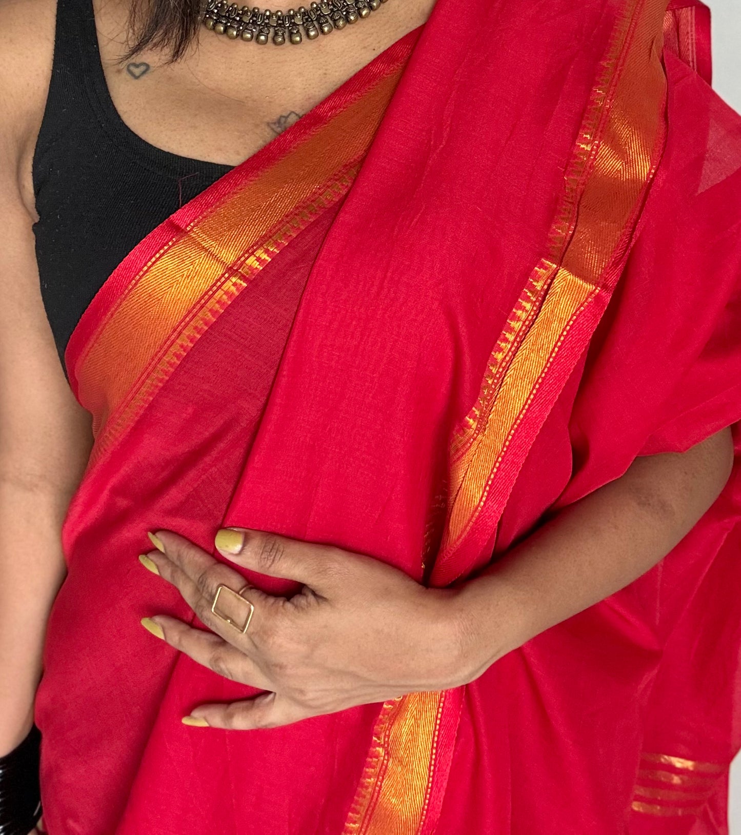 Chilli red soft cotton with maheswari gold zari border - YCBCMCFE216