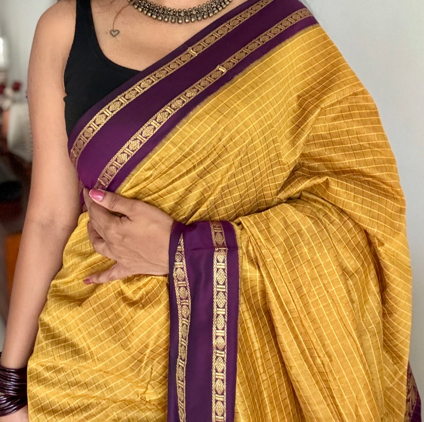 Yellow with wine contrast arani checkered saree, cotton silk - YCCOTNMA278