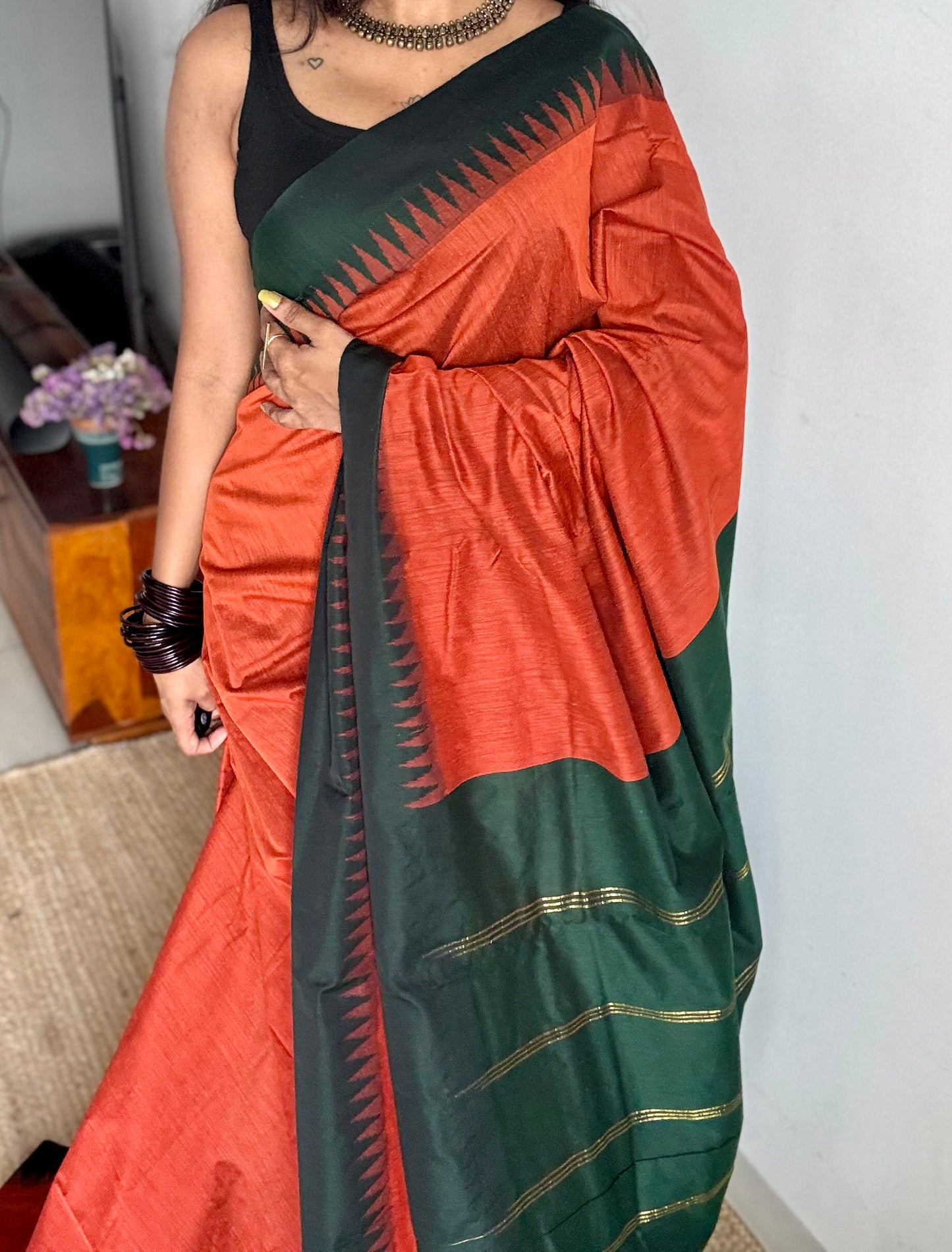 Orange with dark green temple border, cotton silk - YCCOTNCSDE93