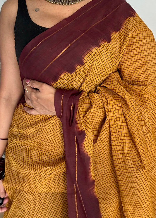 Turmeric yellow with maroon contrast, checkered kattuchayam dyed madurai cotton saree - YCCOTNMA235