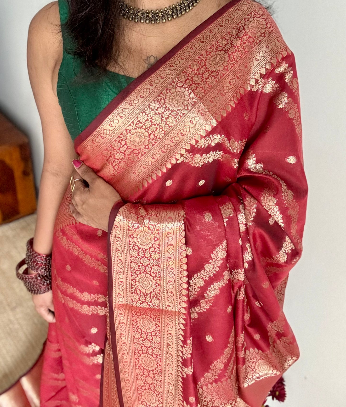 Maroon floral zari, Banarasi semi-georgette - YCDESE13