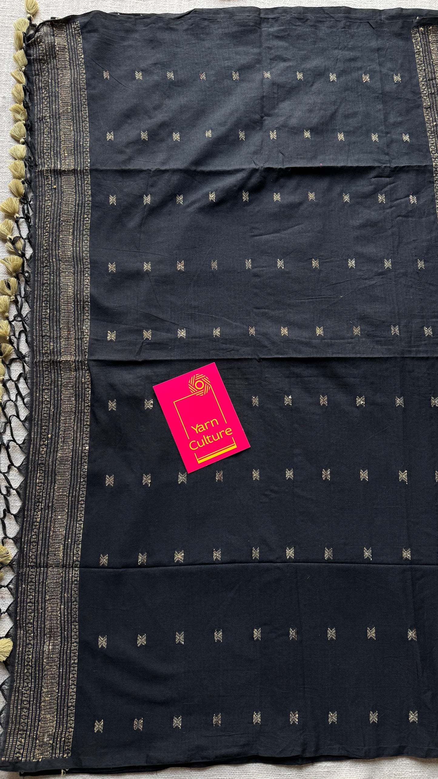 Black, bhujodi patterned soft khadi cotton saree - YCBCKCDE22