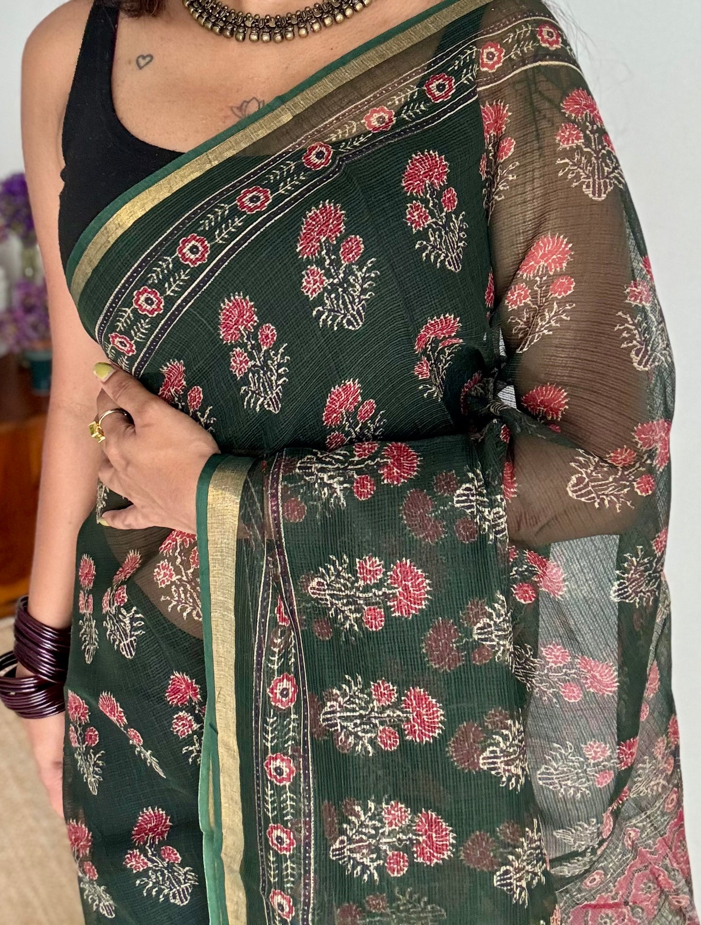 Mirchi Mix - dark green with red floral kota doria saree, with gold zari border - YCTORKDJU28