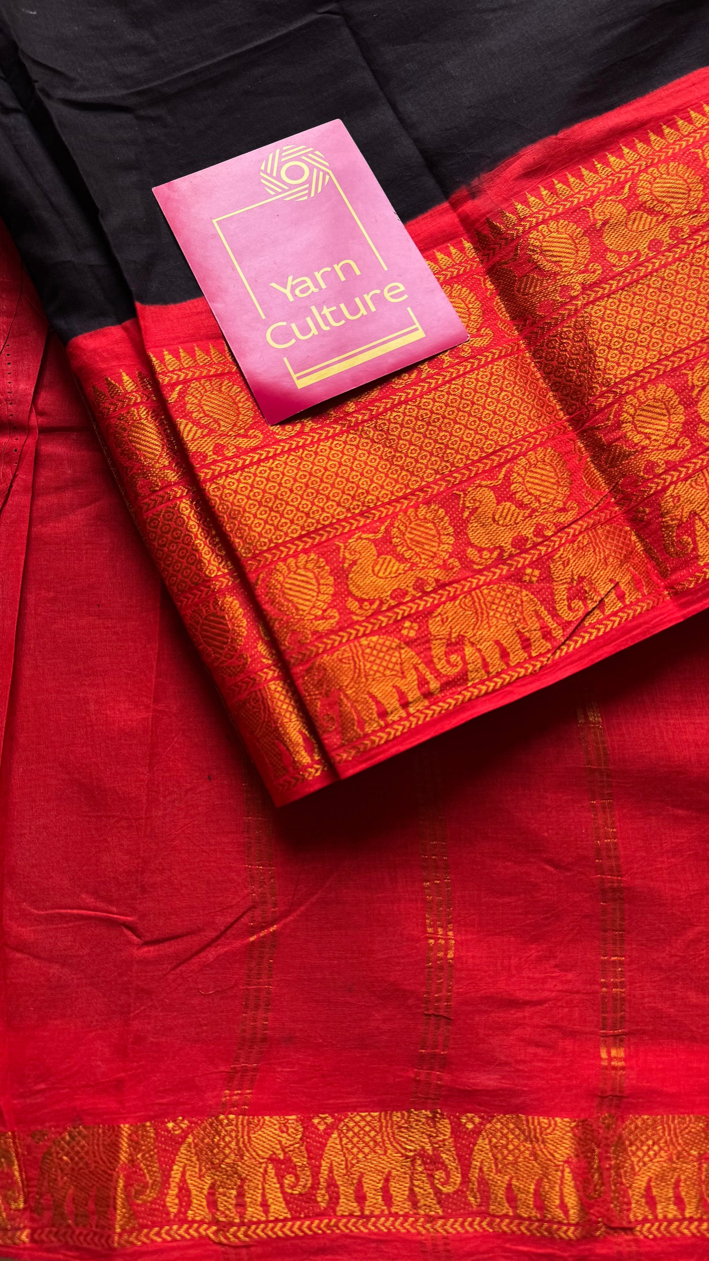 Black long border sungudi saree with chilli red contrast, kattuchayam dyed madurai cotton - YCCOTNMA252