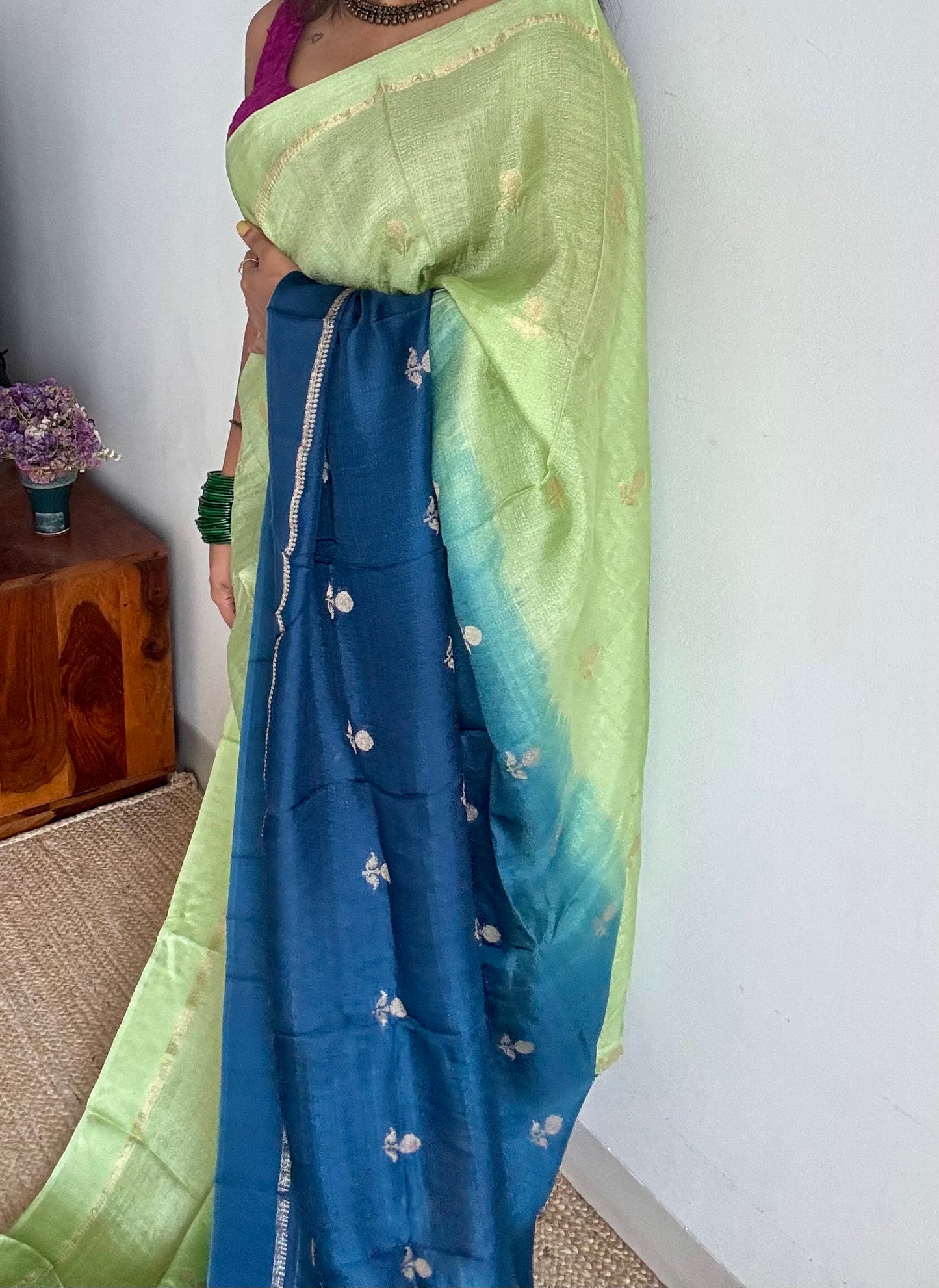 Pista green peacock blue dual tone in viscose soft silk with satin border, jacquard zari motifs - YCDOSFE195