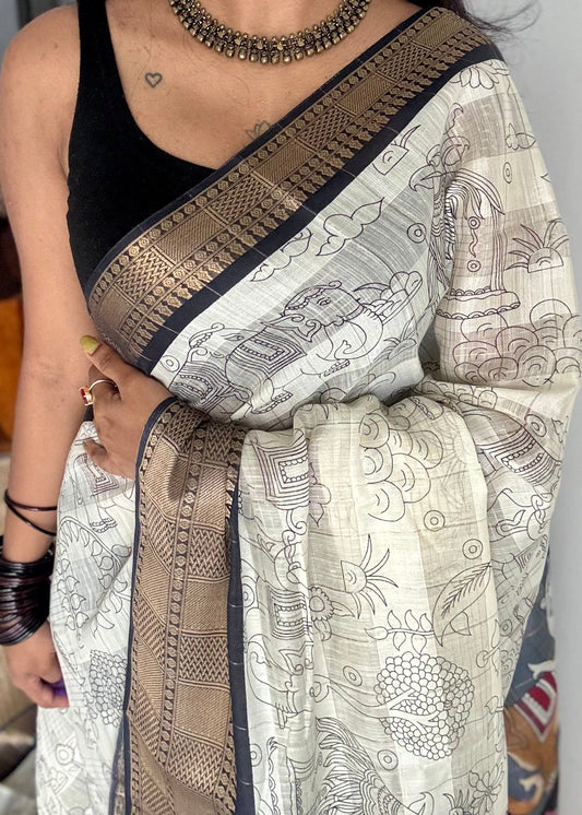 Off white and black, printed kalamkari, semi-tussar - YCWOTDSTK08