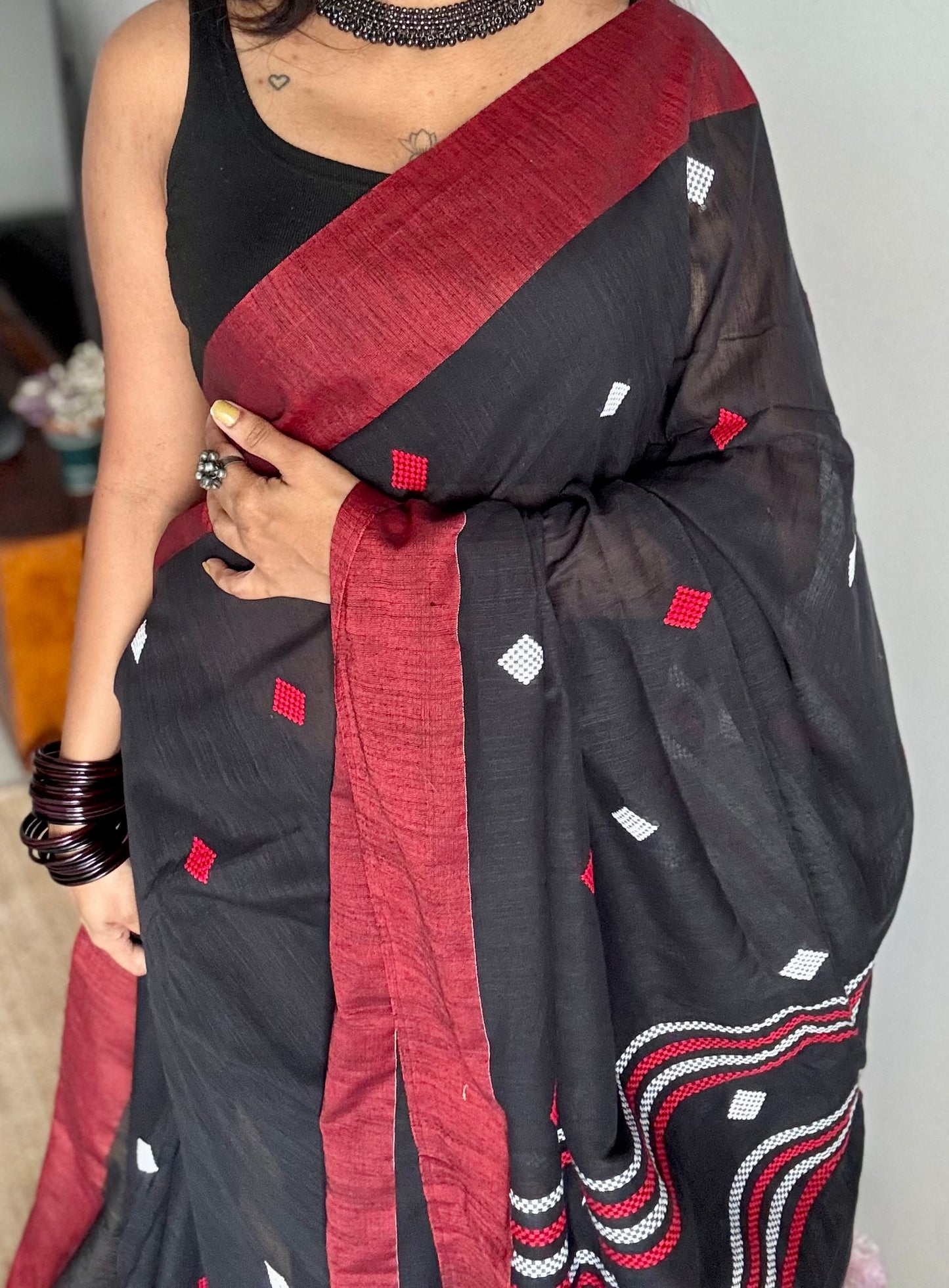 Black with red, soft khadi cotton with woven motifs - YCBCKCDE25