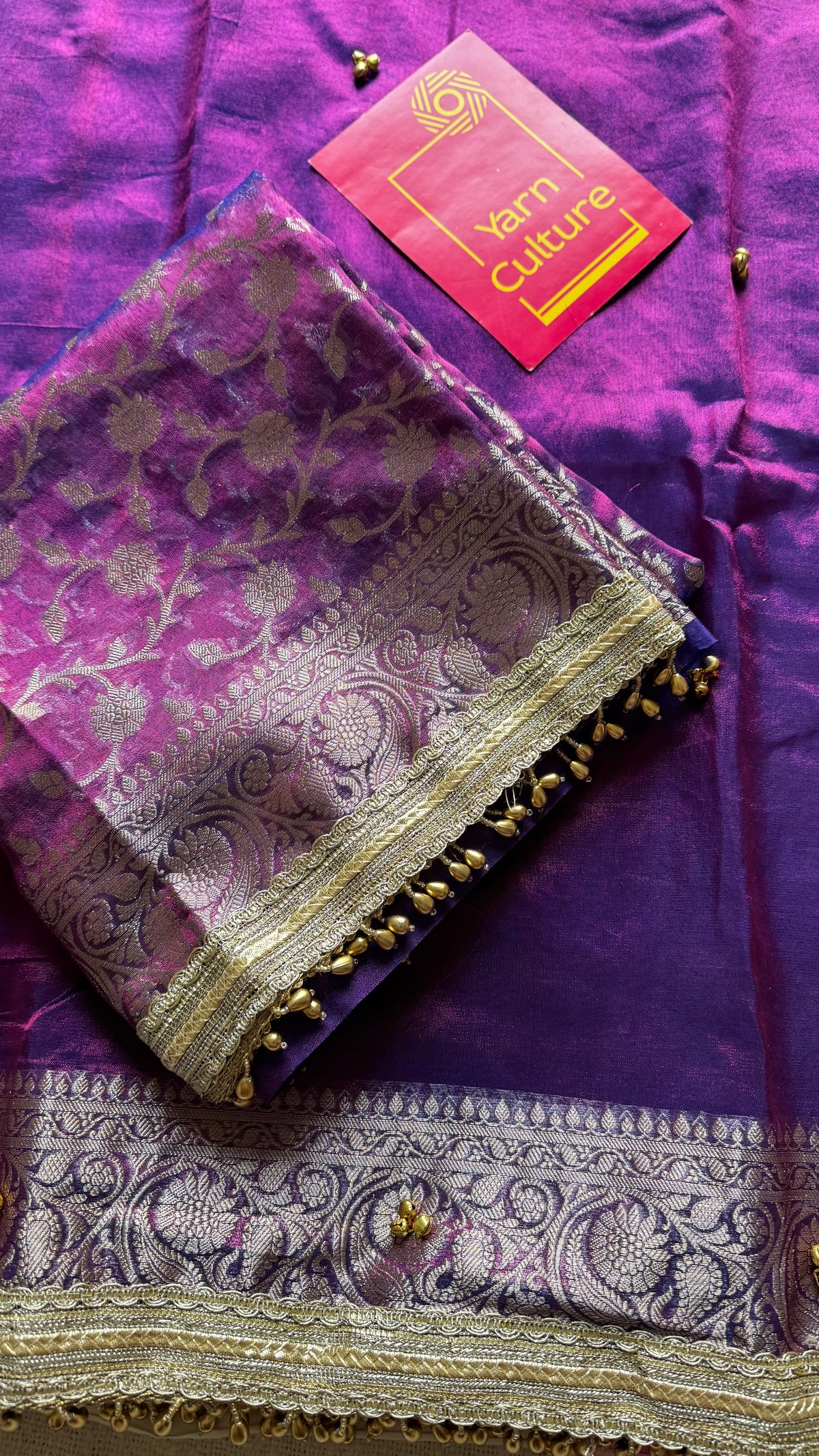 Purple gold tissue Banarasi saree with ghungroo embellishments and beaded lace border - YCBLTOC67