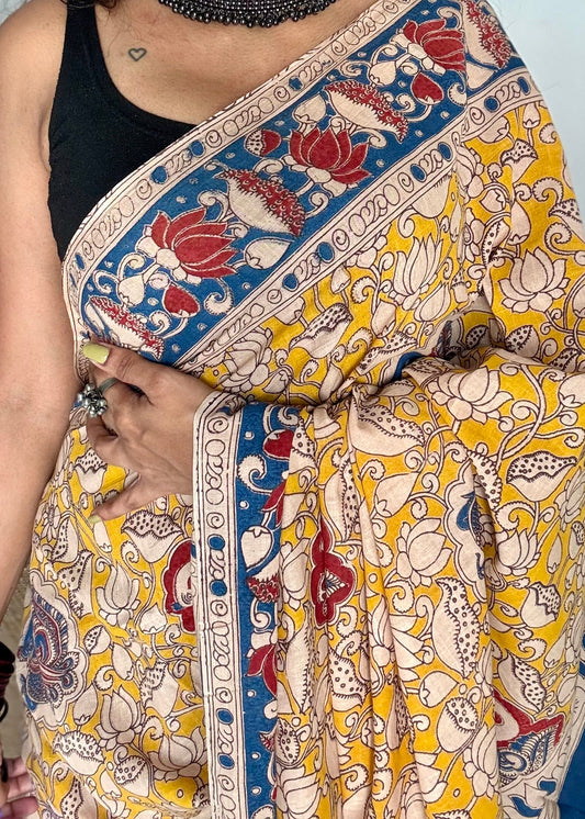 Yellow with blue kalamkari saree, floral vines, soft cotton - YCWOTDMA348