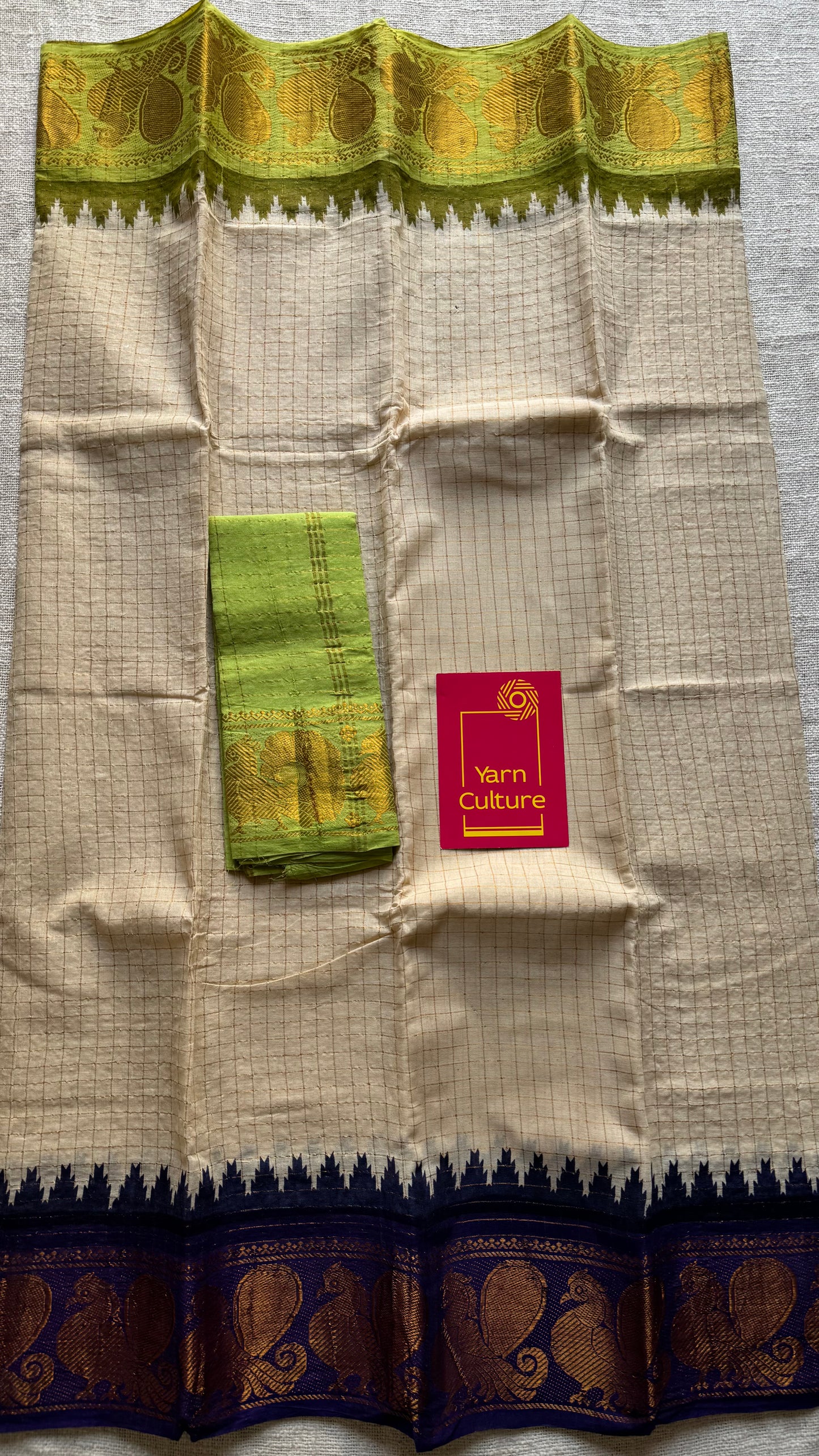 Sungudi cotton checks, ivory gold base, purple and neon green dual tone border, soft cotton - YCCOTNGJJA178