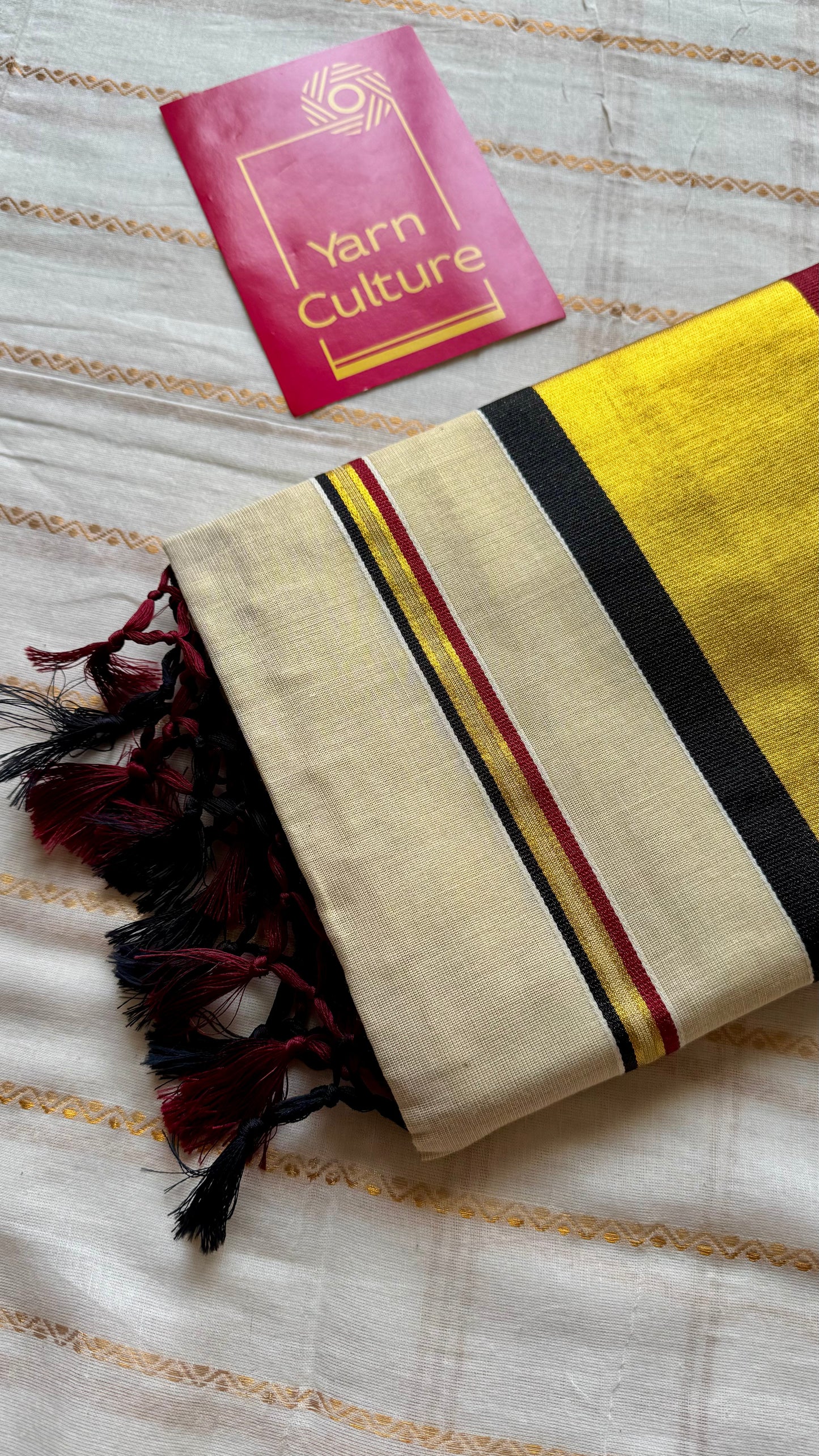 Ivory and gold soft tissue cotton saree, black and red, checkered border - YCIEON78