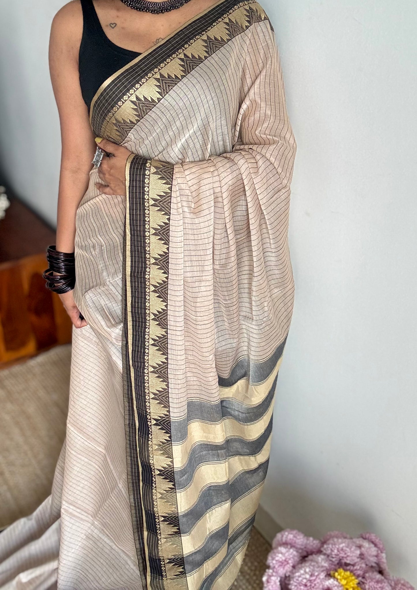 Cream striped premium narayanpet soft cotton, with temple motif and checkered border - YCWOTDNPNO83