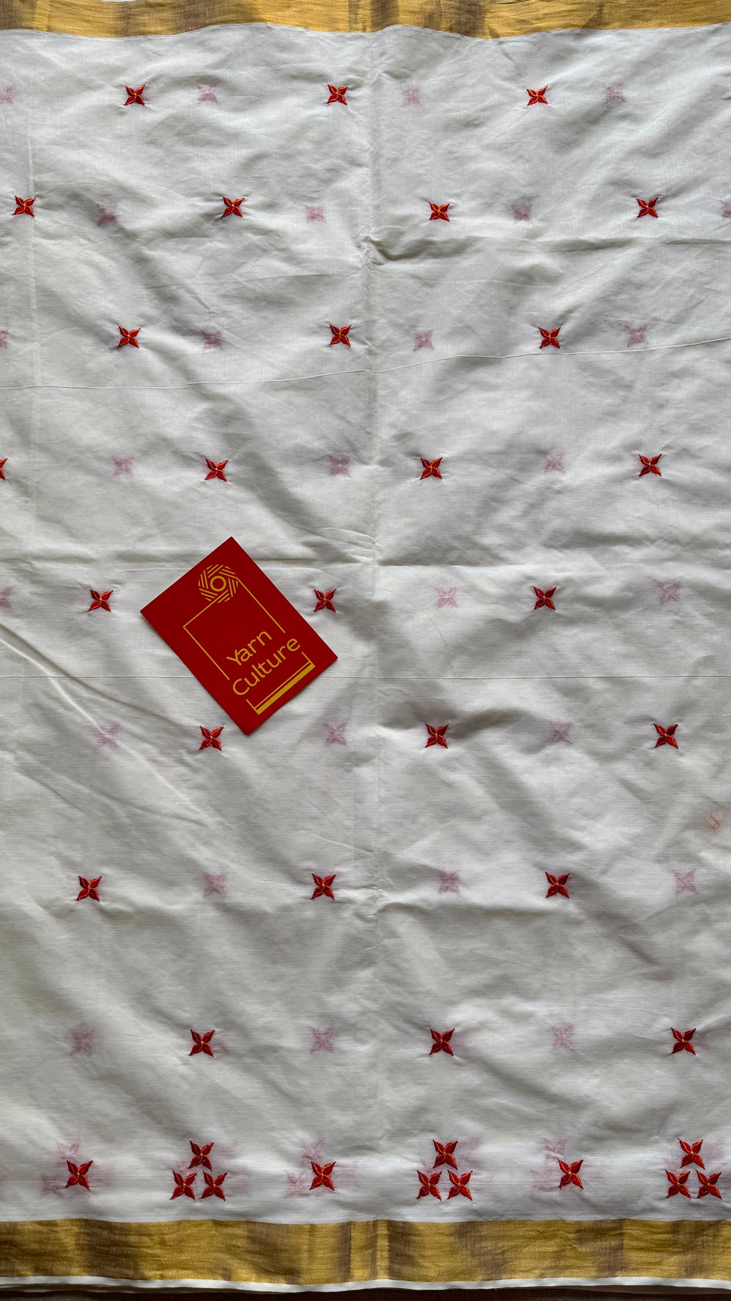 Nandana : Chethi/Thechi - orange red floral embroidery, ivory & gold, soft cotton - YCIEON165