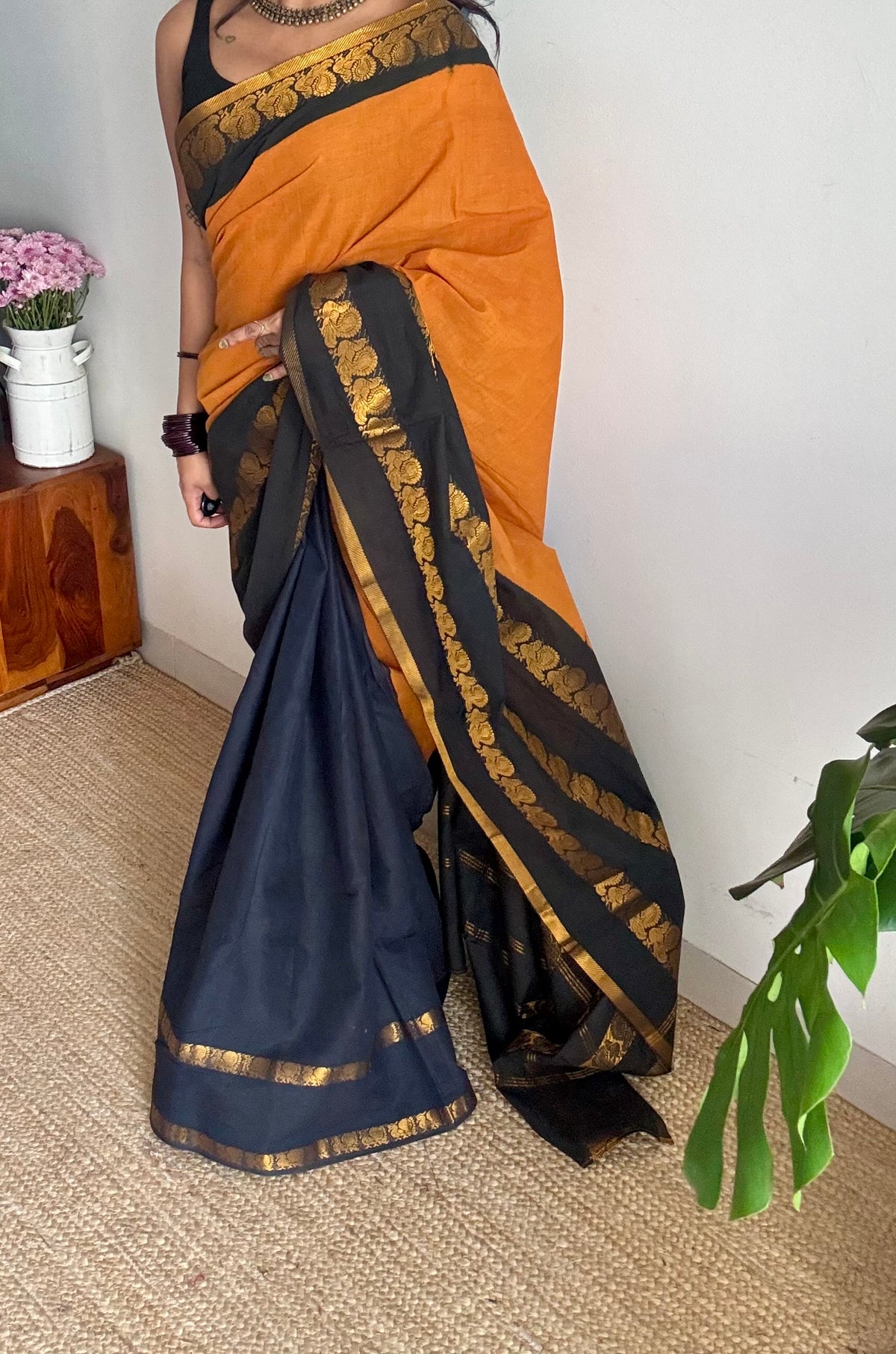 Turmeric yellow with black, cotton half and half saree - YCCOTNIDOC138