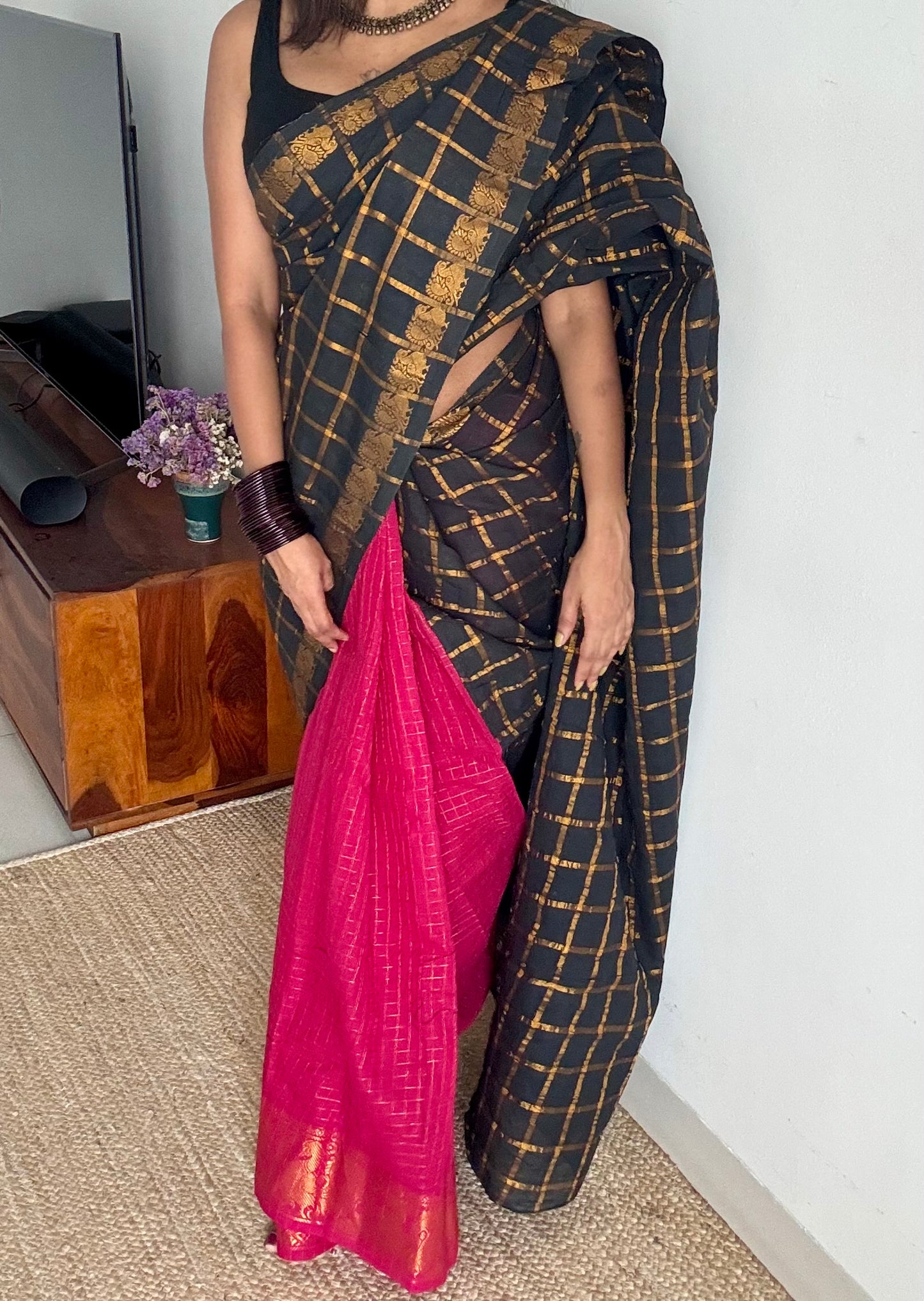 Black with hot pink, sungudi cotton half-half saree - YCCOTNMSFE365