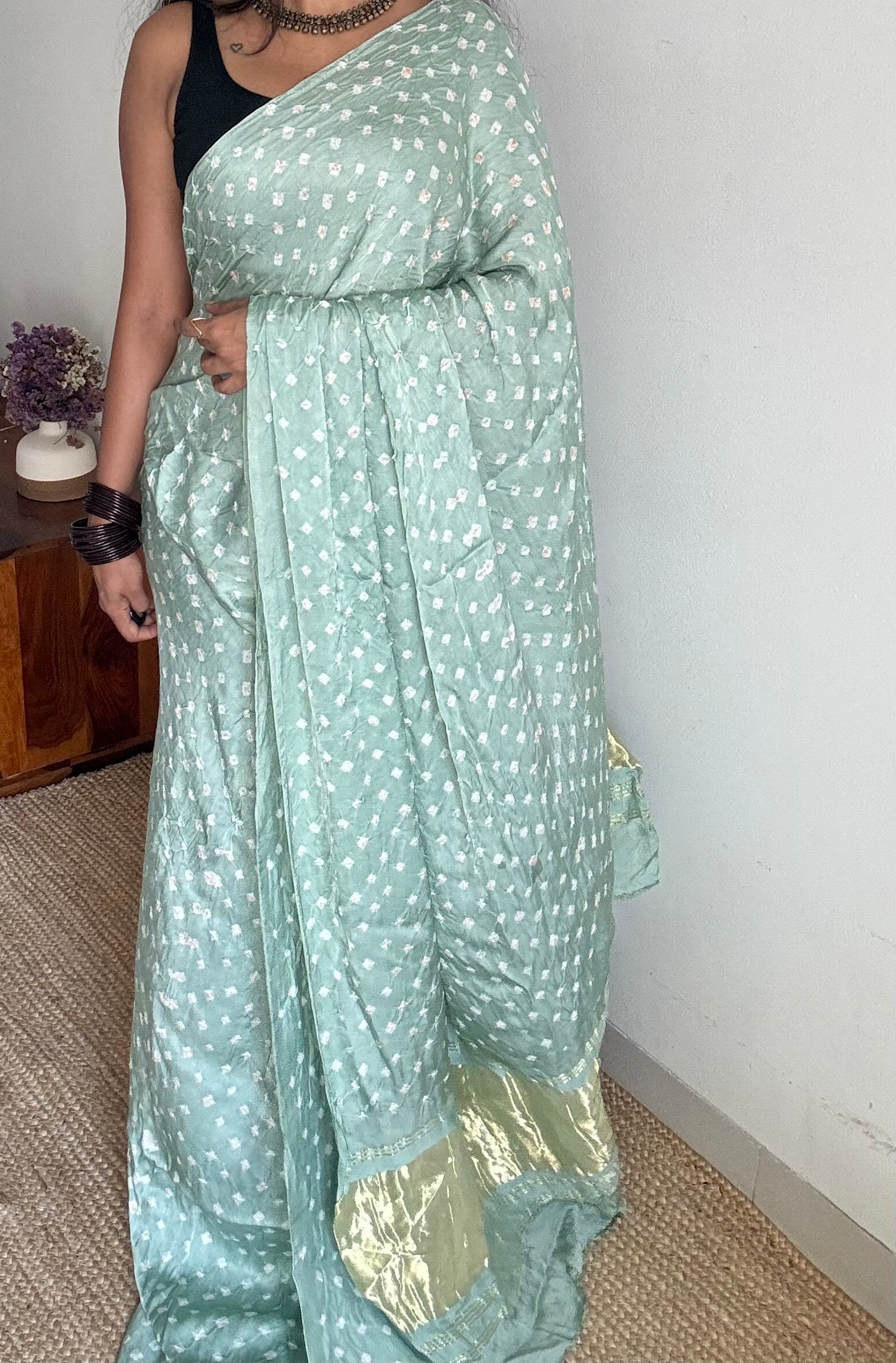 Pastel mint blue, crushed bandhej pure modal silk saree with lagdi patta zari pallu - YCTOKBM333