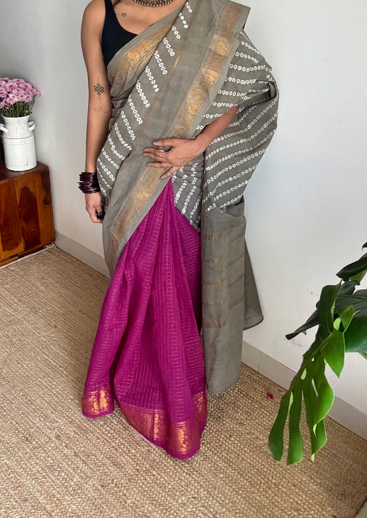 Grey with purple pink (vadamalli), cotton half and half saree - YCCOTNIDOC144