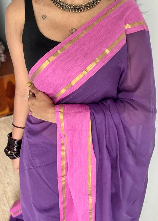 Purple mul with pink contrast border, gold zari - YCBCMCLSE22