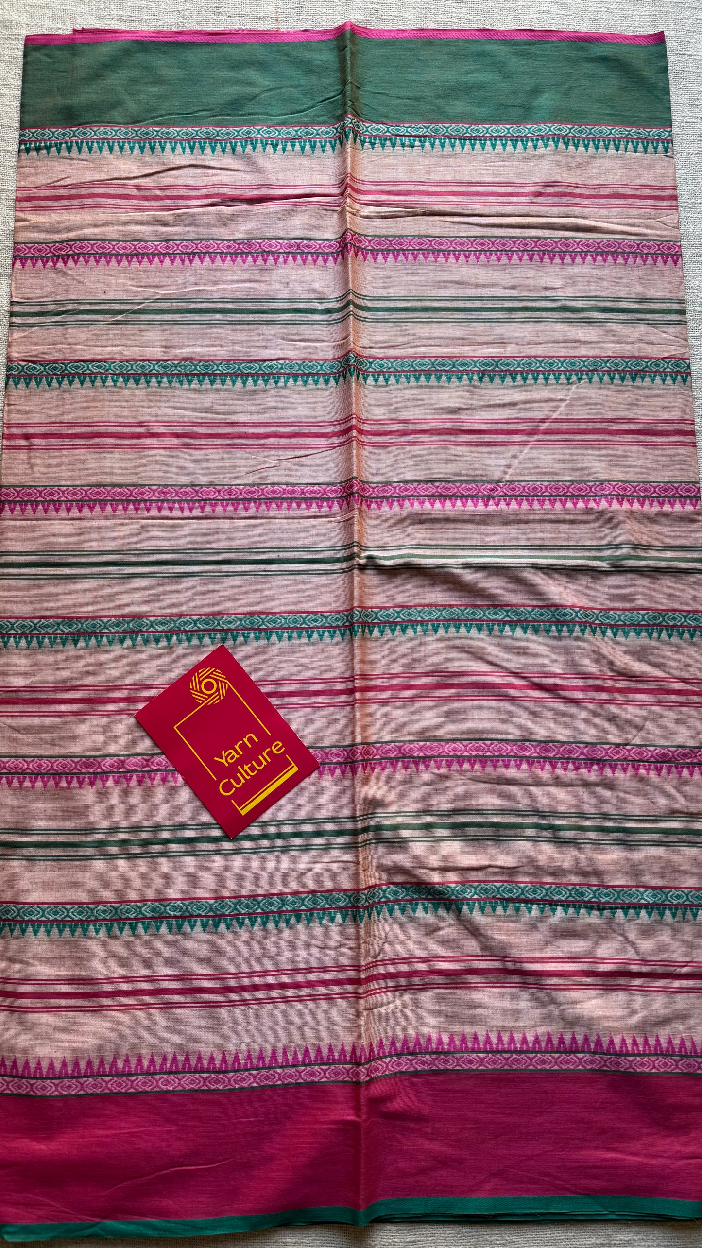 Dhonekhali handloom soft cotton saree, salmon pink with bright pink and dark turquoise woven stripes - YCBCDFE266