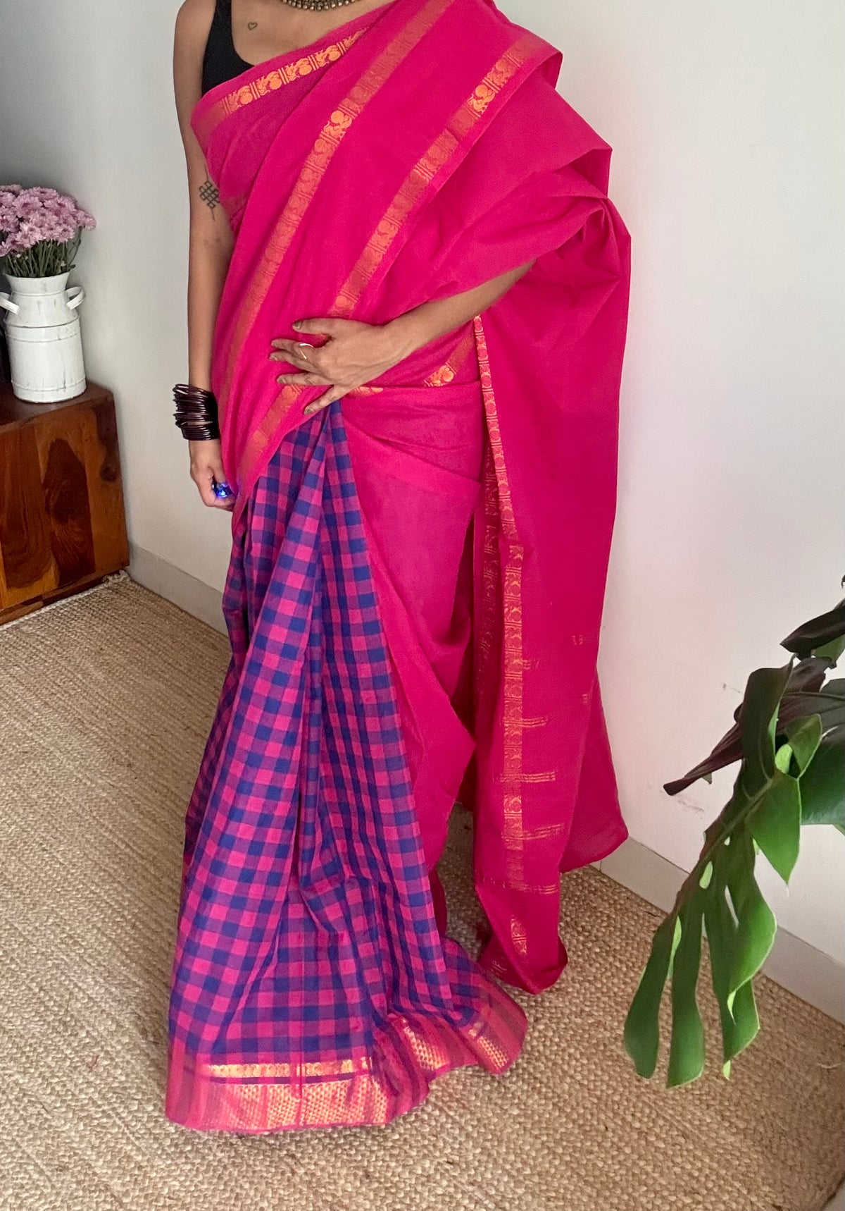 Hot pink with multicoloured checks, sungudi and chettinad cotton half and half saree - YCCOTNIDOC147