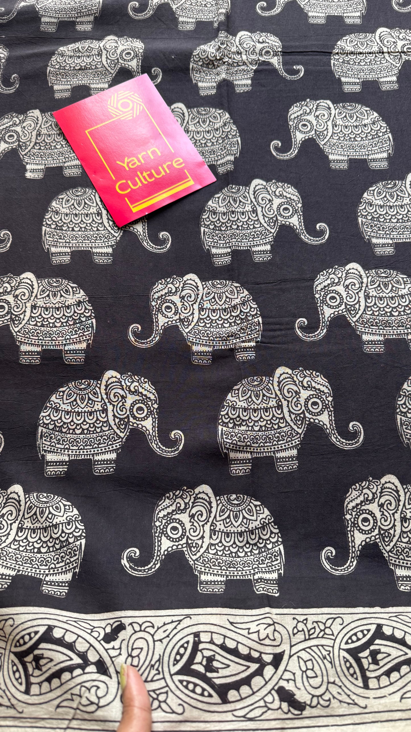 Black kalamkari saree, elephant motifs, soft cotton - YCWOTDMA349