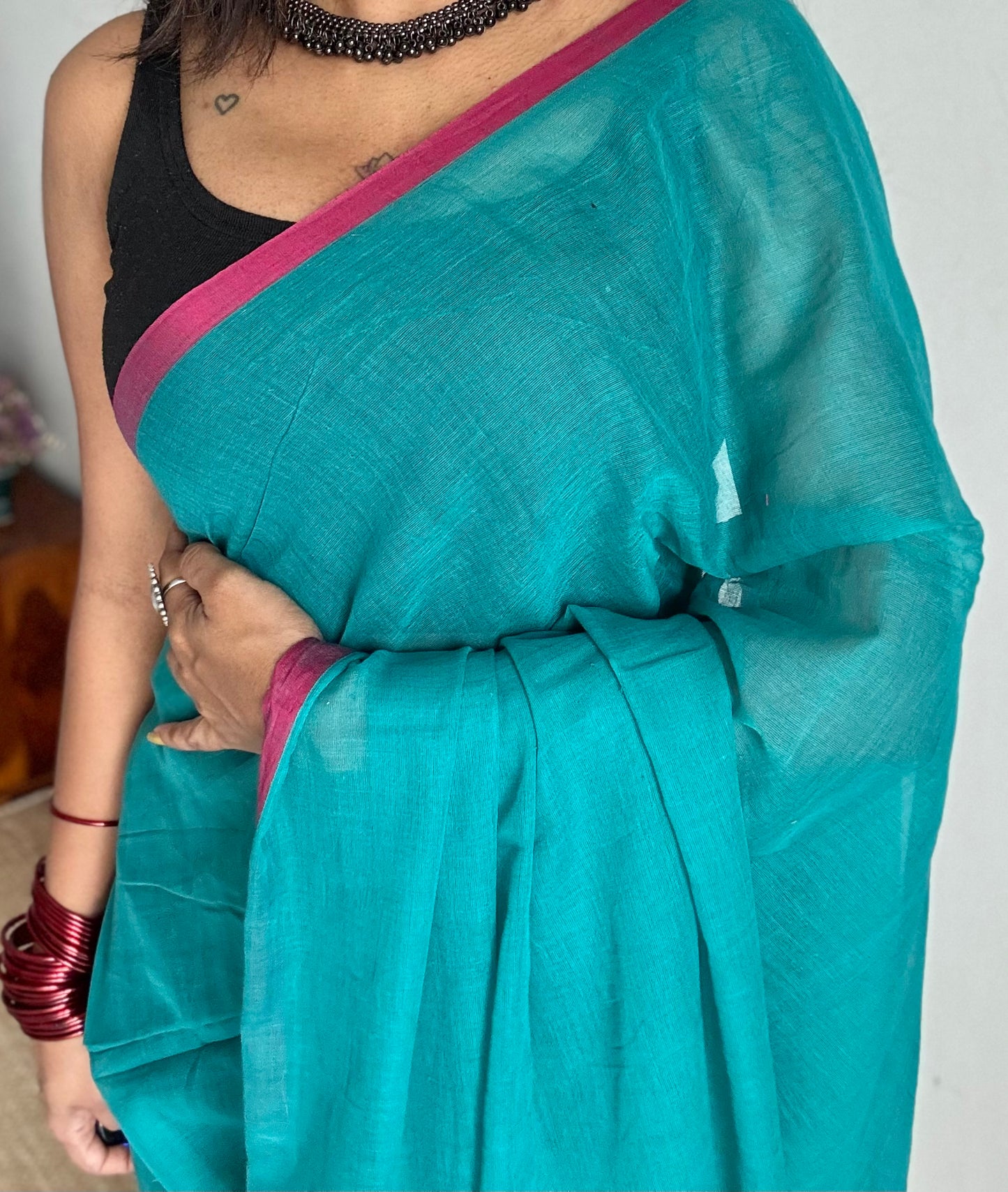 Dark cyan with ruby red border mul cotton saree - YCBCMCFE223