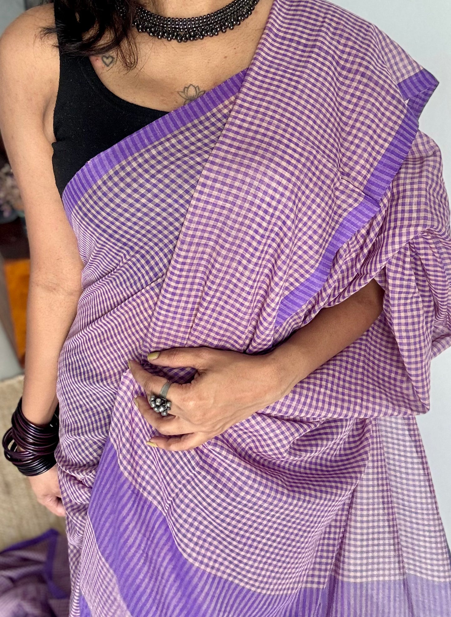 Purple and cream mul, micro checks - YCBCMCNO05