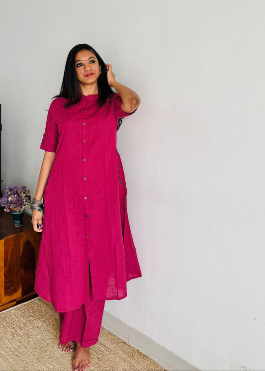 Ruby pink cotton collared stitched kurta co-ord set, elbow sleeves - YCSEBPSFE245