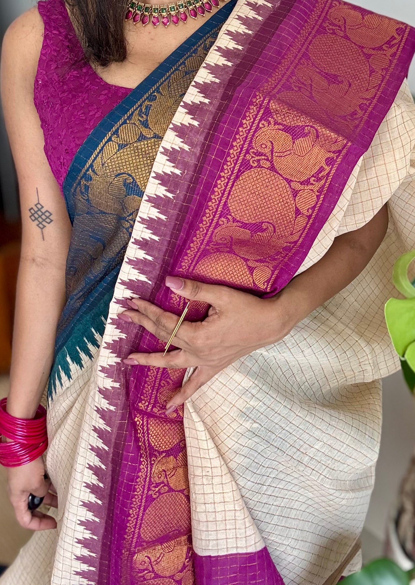 Sungudi cotton checks, ivory gold base, teal and magenta dual tone border, soft cotton - YCIEON100