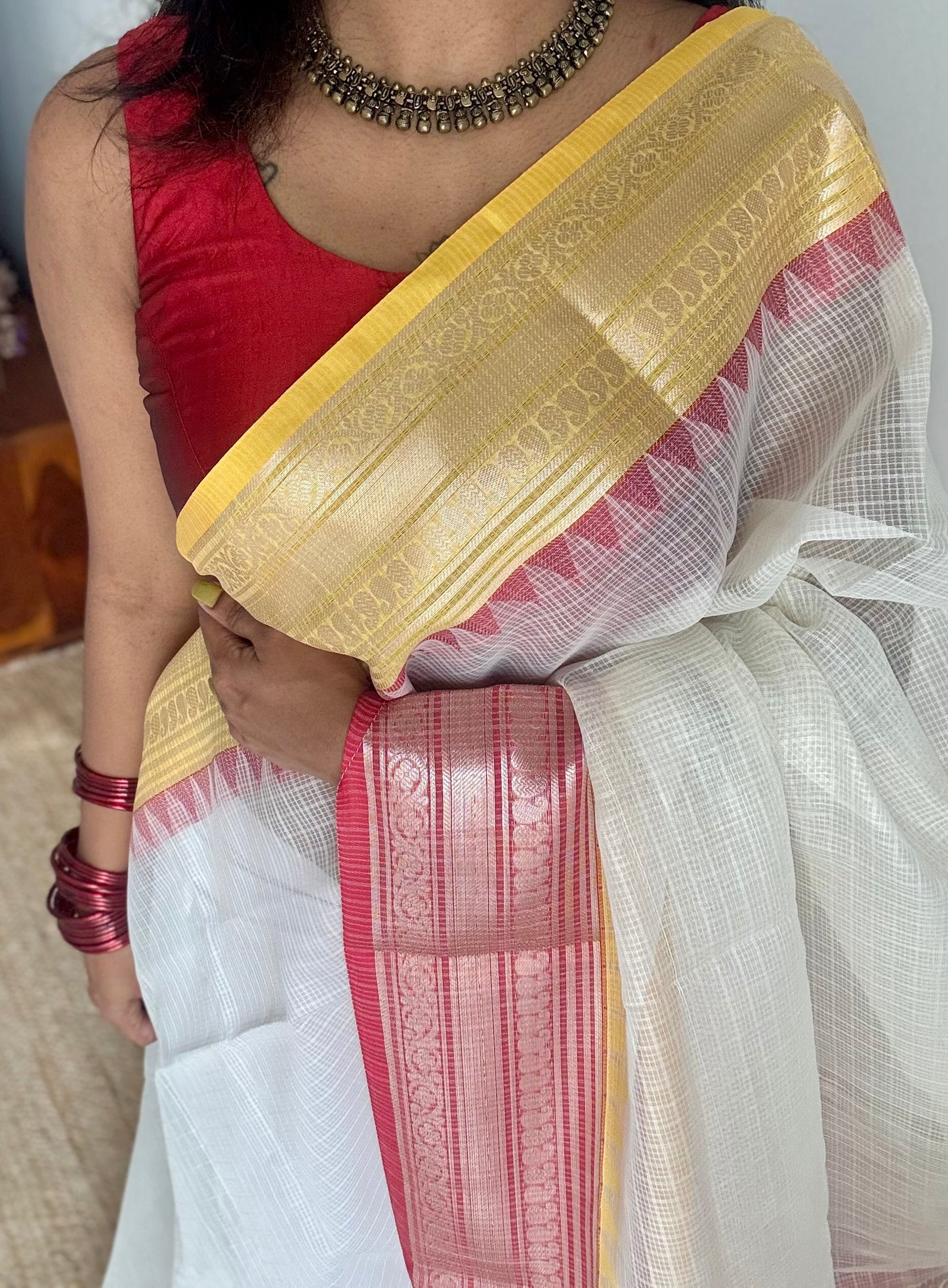 Cream with red and yellow contrast borders, kota doria with zari - YCBCDP14
