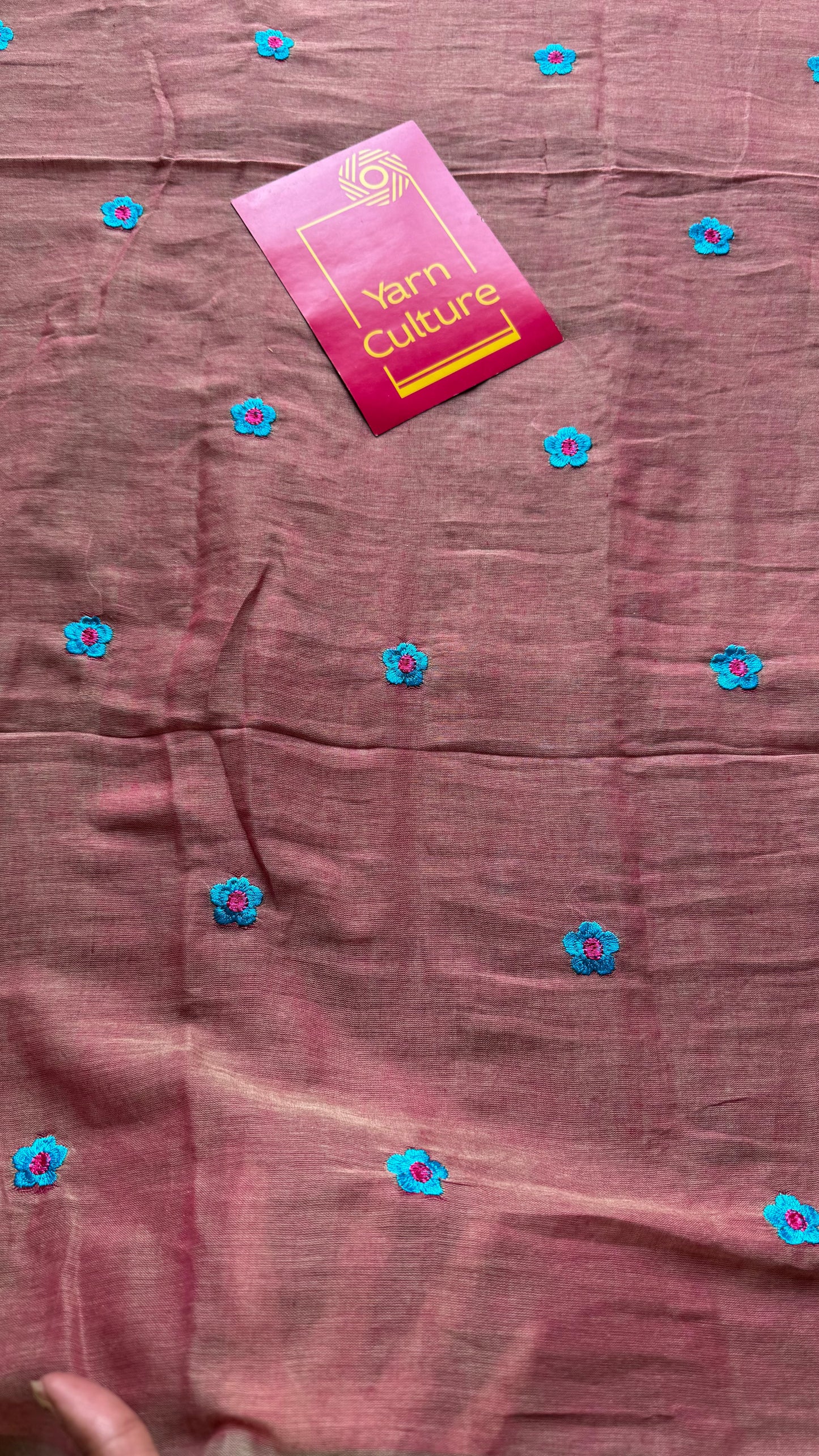 Dusty pink with grey dual tone, blue floral embroidered mul cotton saree  - YCBCMCAP44