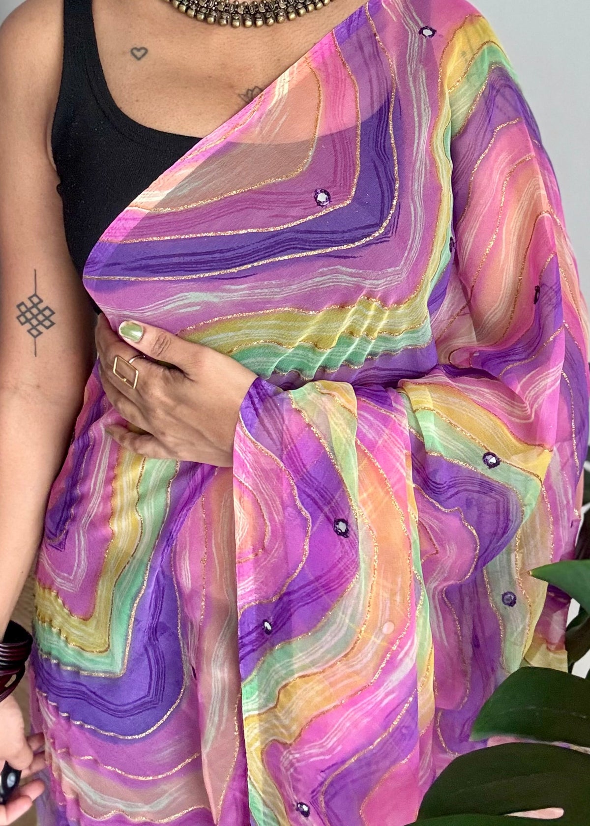 Purple pink multicoloured leheriya chiffon saree with mirror work  - YCTORLOC95