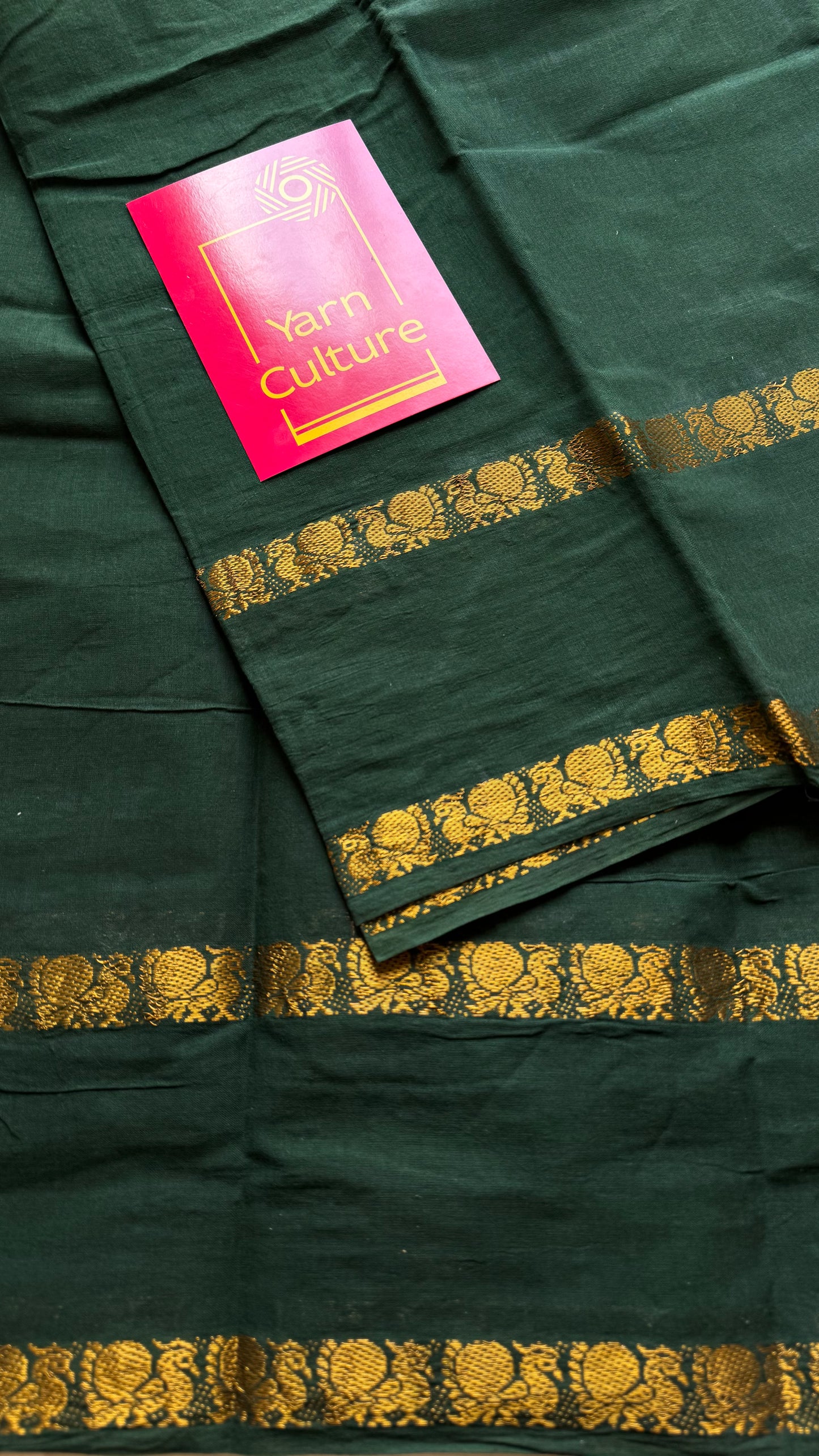 Dark green rettaipettu peacock double bordered, kattuchayam dyed madurai cotton saree - YCCOTNMA255