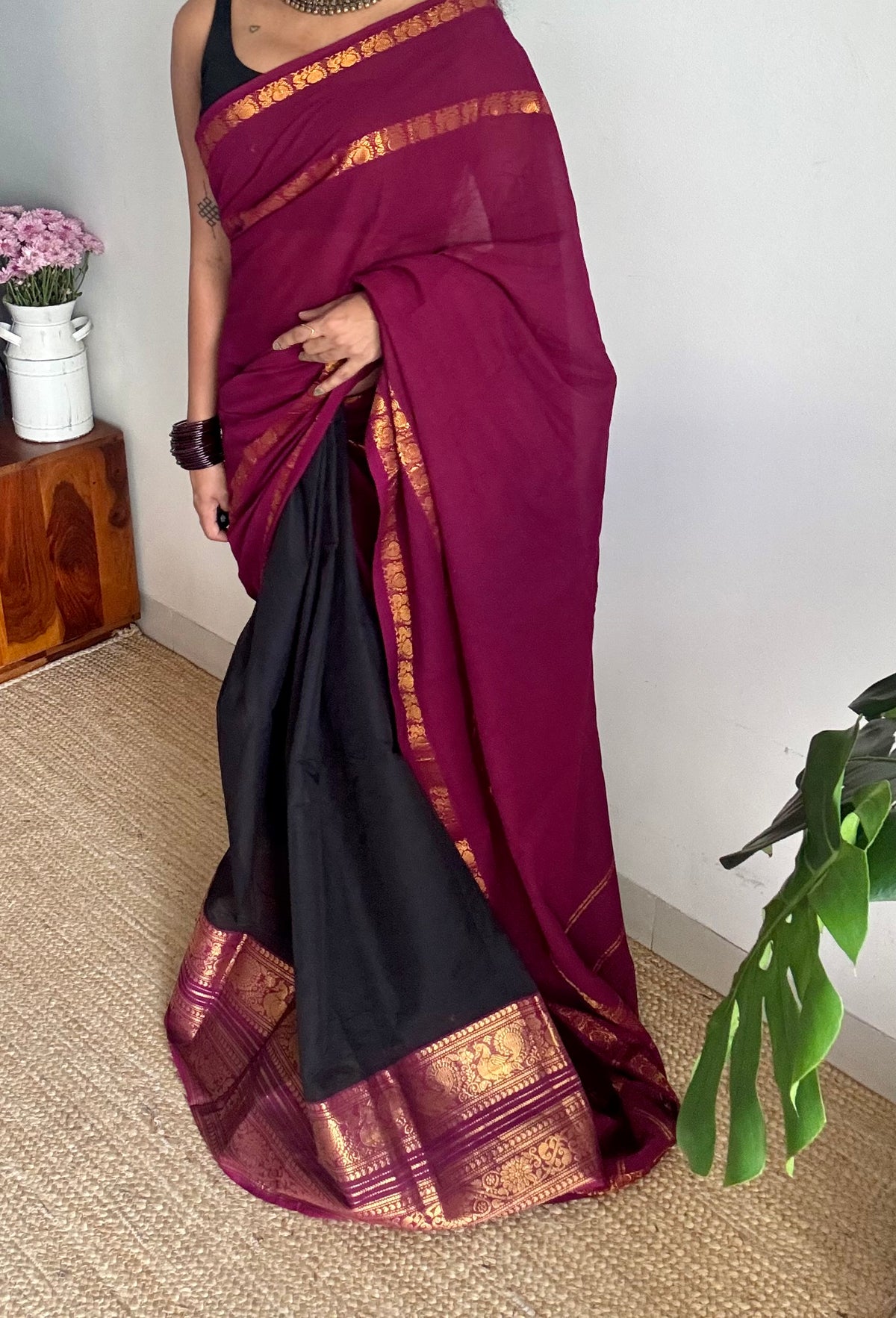 Purple pink (vadamalli) with black, sungudi and chettinad cotton half and half saree - YCCOTNIDOC129