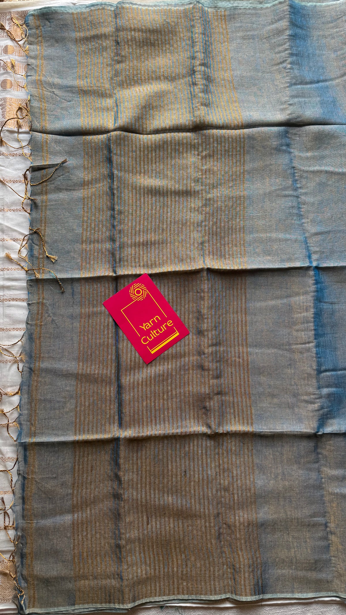 Teal blue with gold, dual tone metallic tissue linen saree - YCBCLTOC59