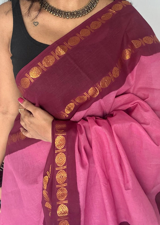 Dusty pink with dark maroon sungudi, kattuchayam dyed, madurai cotton - YCCOTNOCSC12