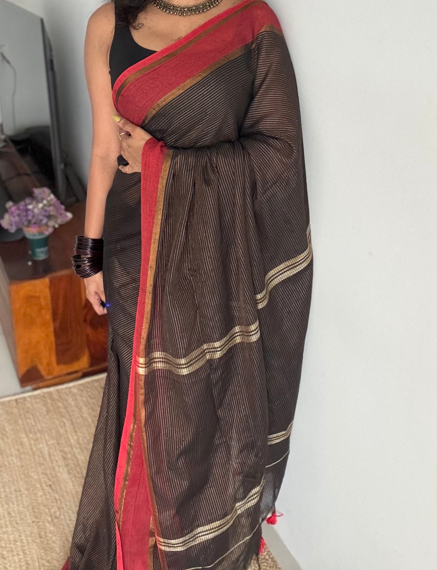 Black with red gap border, gold zari stripes, soft cotton - YCBCKCZDE133