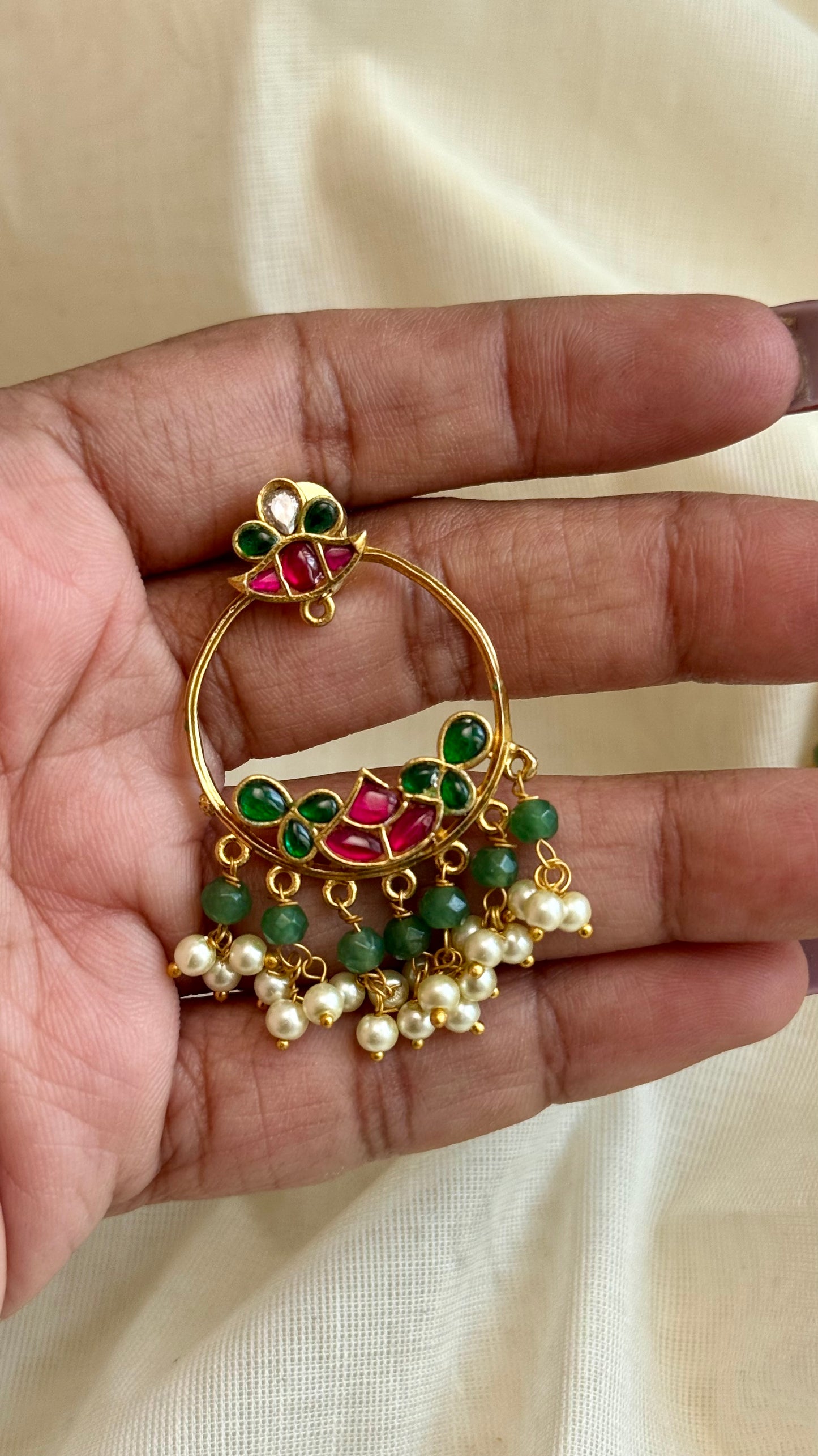 Chandbali ruby green pearls hoop dangler earring - YCGPER827