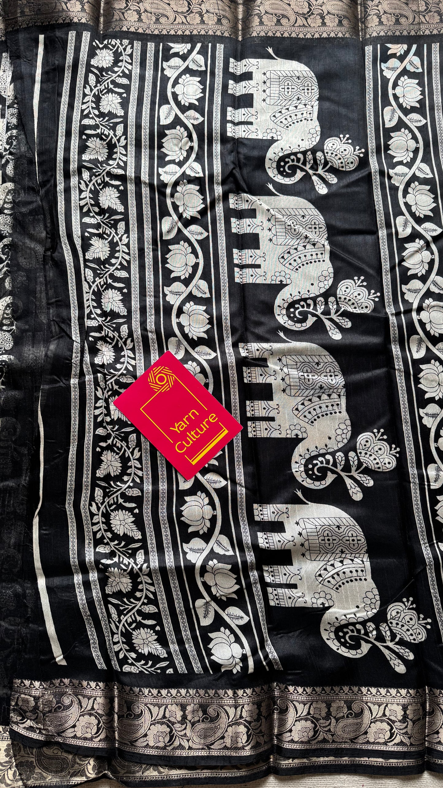Black and white, printed kalamkari, elephant motif, semi-tussar - YCWOTDSTK04