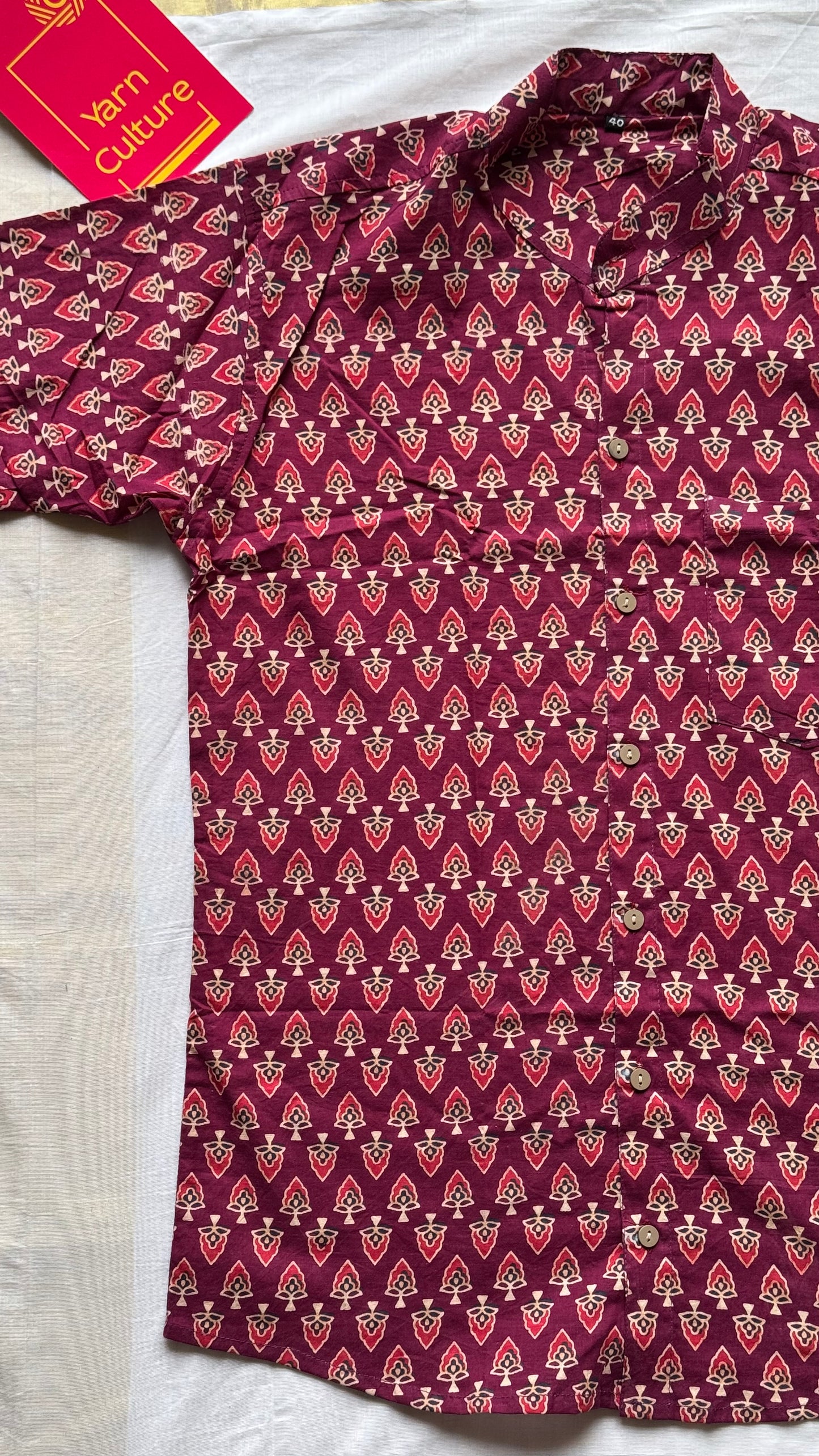 Maroon Paisley Motif Block Printed Cotton Men's Half Sleeve Mandarin Collar Kurta Shirt - YCMSEIE188