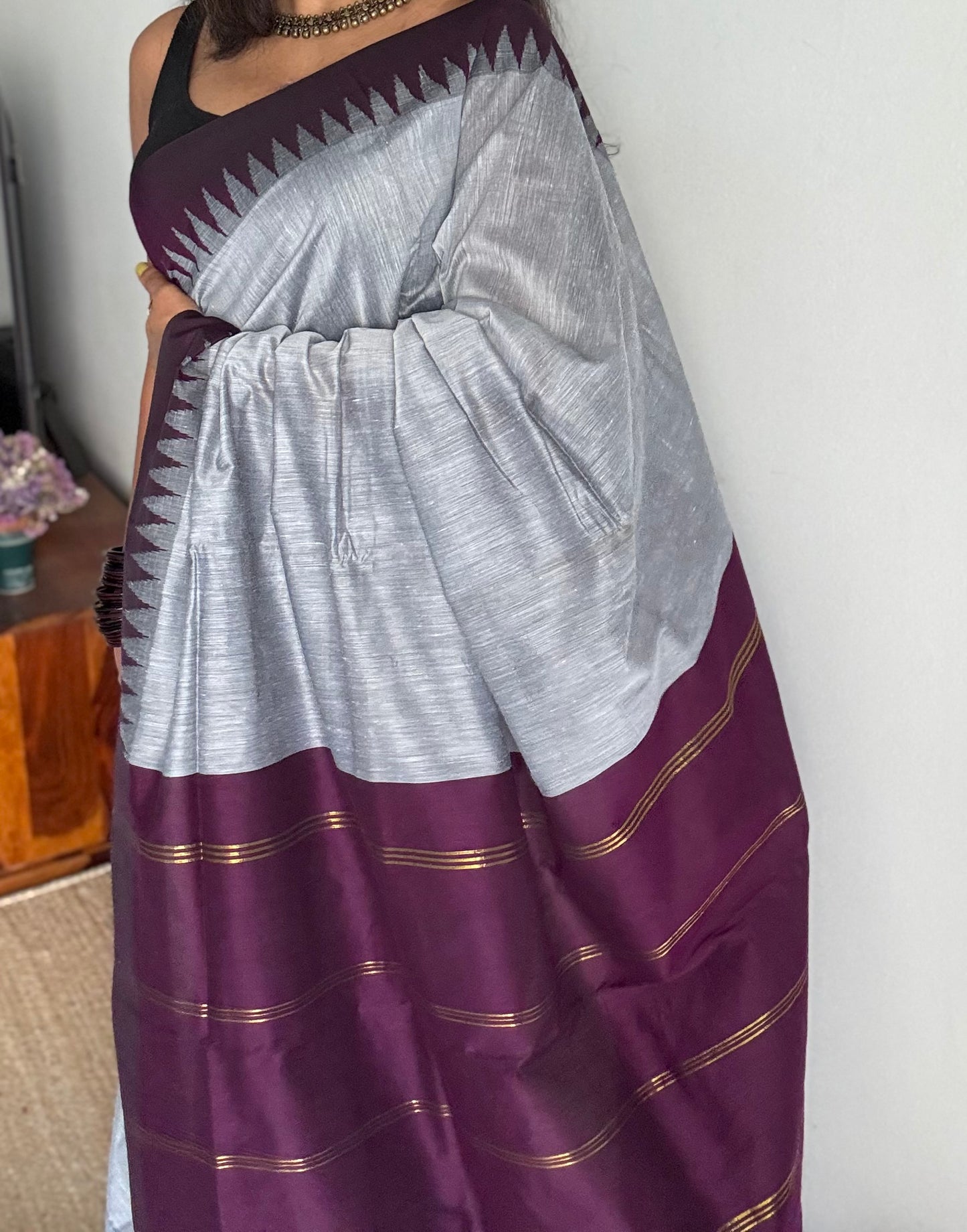 Grey with wine contrast, temple border saree, cotton silk - YCCOTNTBFE59