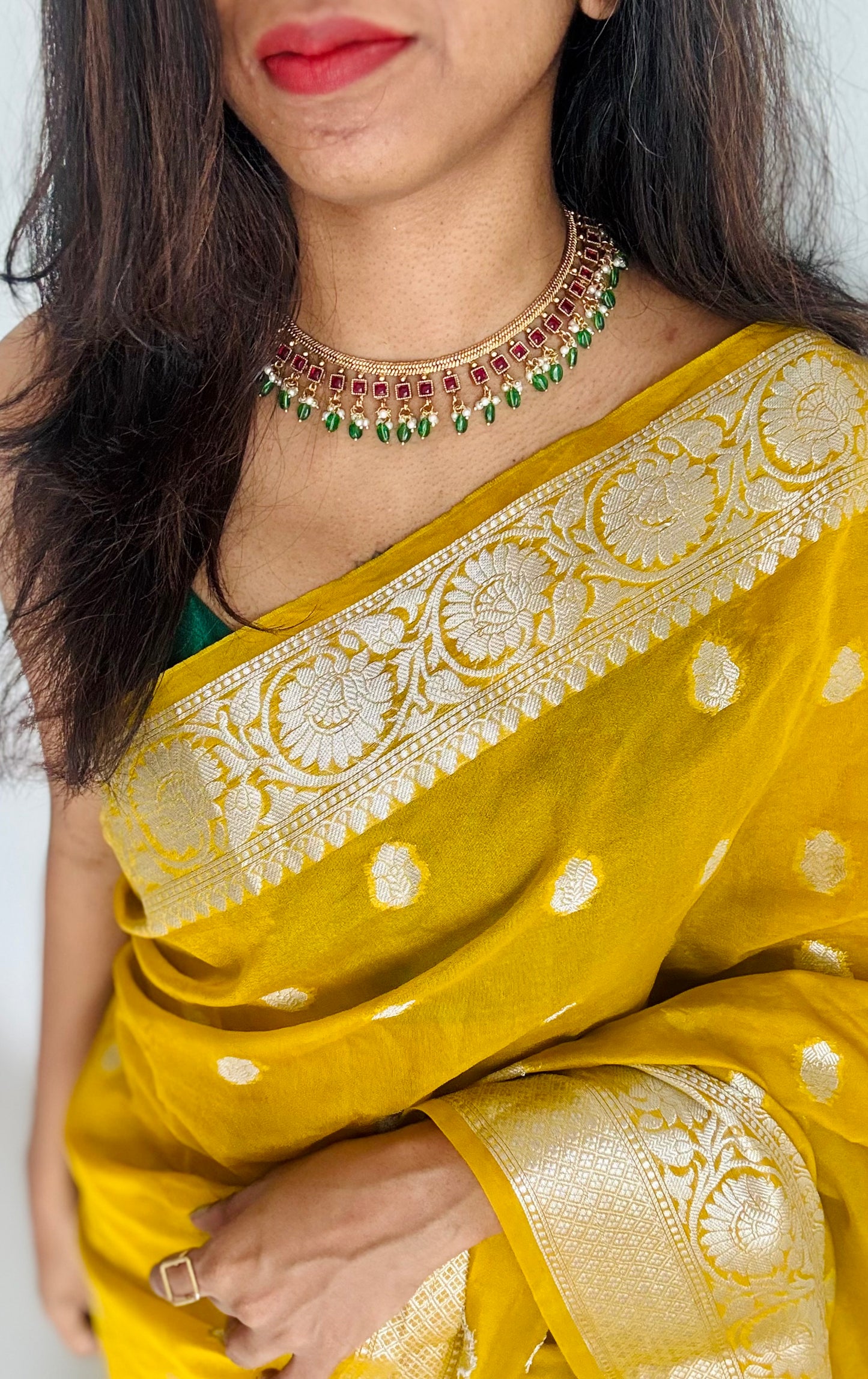 Antique gold jadau kundan choker neckpiece with earrings - YCAGNP272