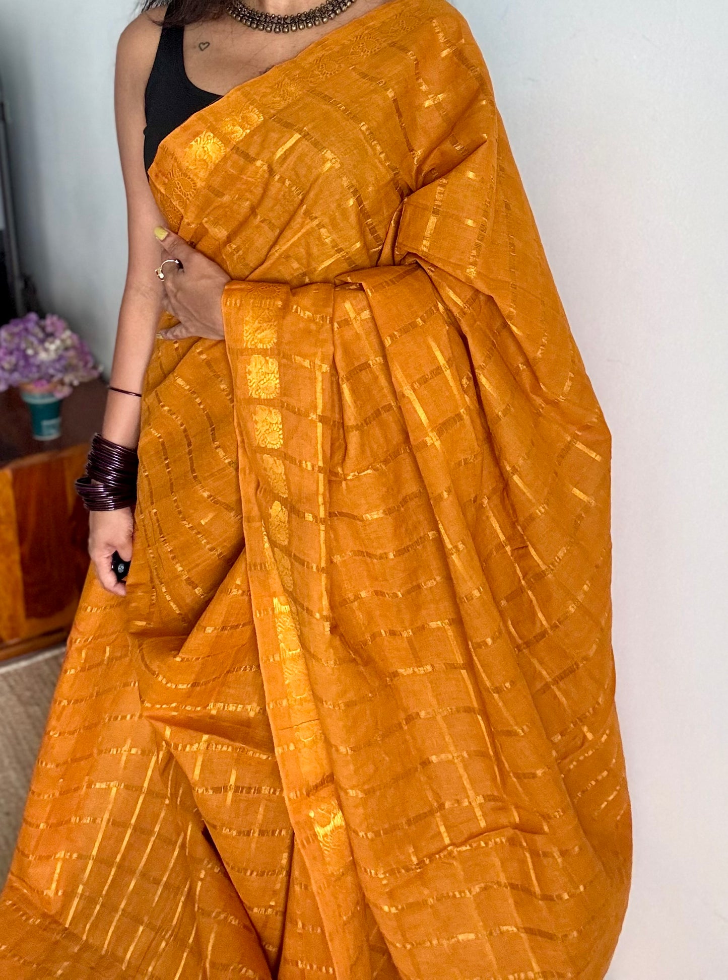 Turmeric yellow pavithra kattam kattuchayam dyed madurai cotton saree - YCCOTNMSFE141