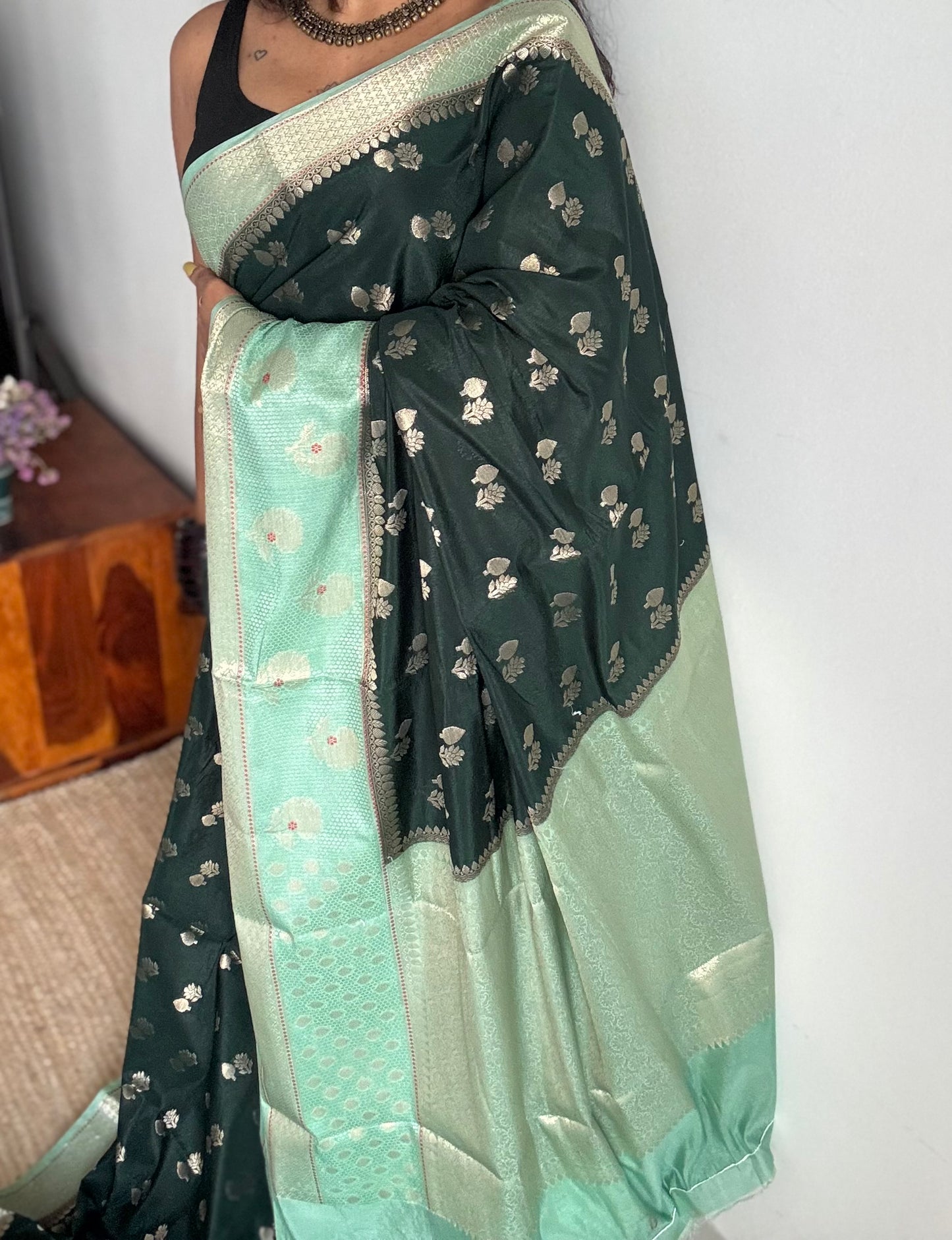 Dark green with pastel green border, semi dupion silk - YCBLSSJA25