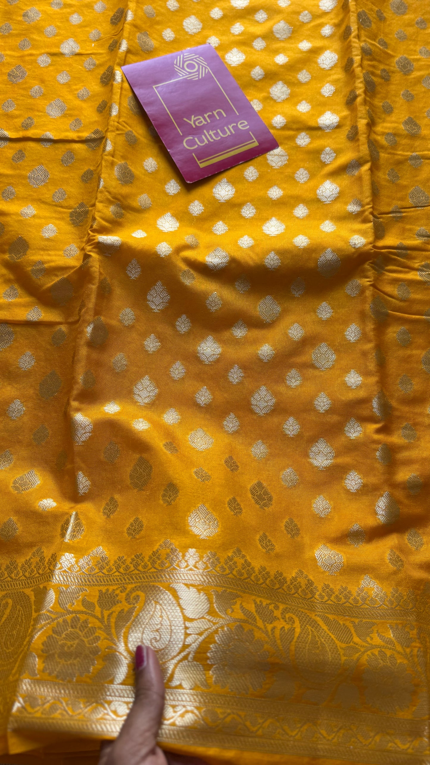 Orangish dark yellow, silver buttas and zari, Banarasi semi-silk - YCDESE35
